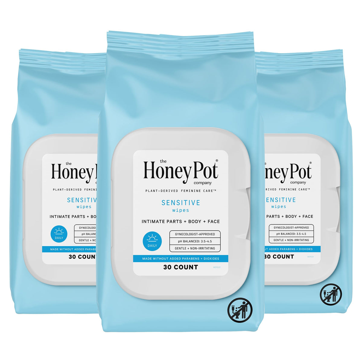 Lingettes The Honey Pot sensibles pour l'hygiène intime et équilibre du pH au quotidien.