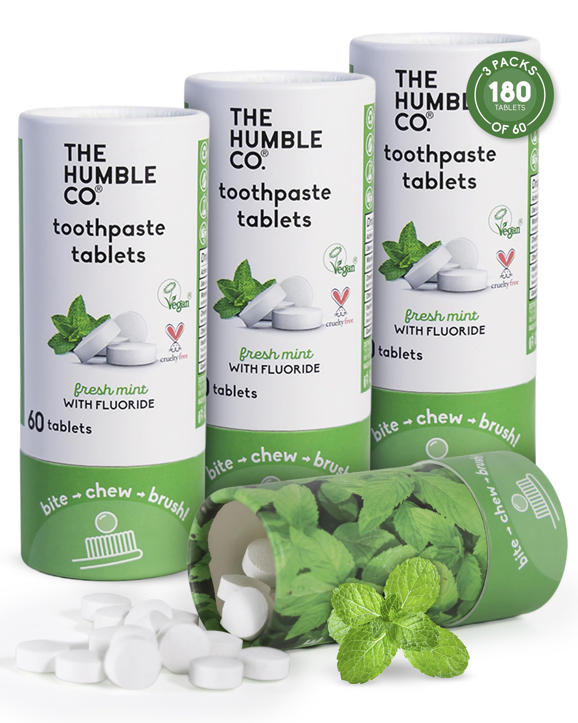 Tablettes dentaires The Humble Co menthe emballage zéro plastique prêt pour voyage