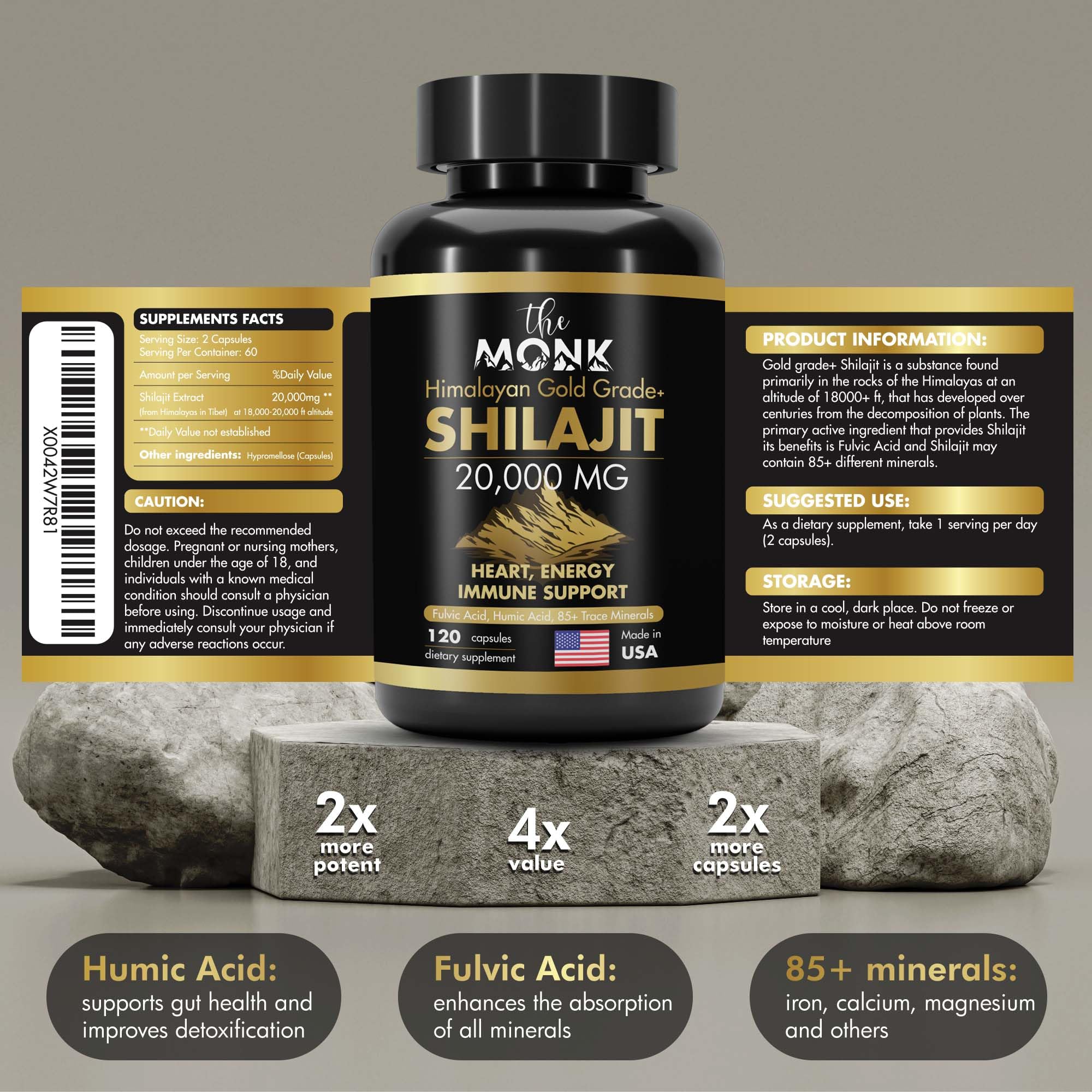 Boîte THE MONK Shilajit, offre deux mois d'utilisation pratique.