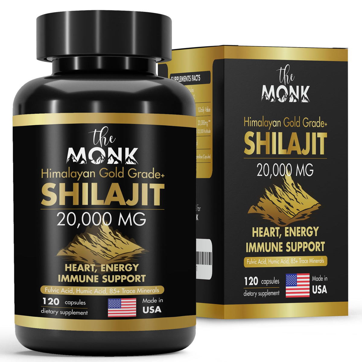 THE MONK Shilajit sur l'emballage, énergie naturelle potentielle pour la journée.
