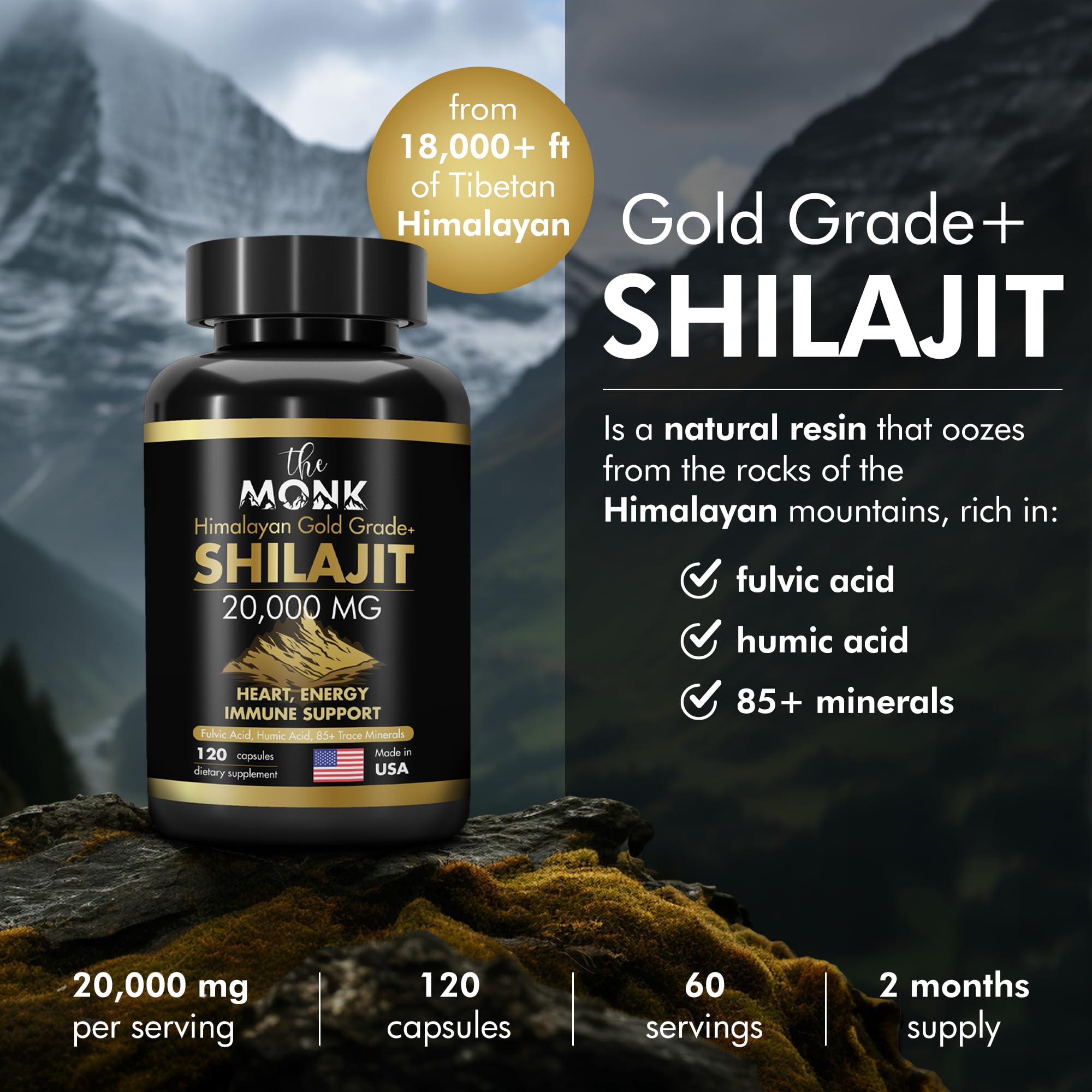 Capsules THE MONK Shilajit prêtes à l'emploi, soutien possible du métabolisme.