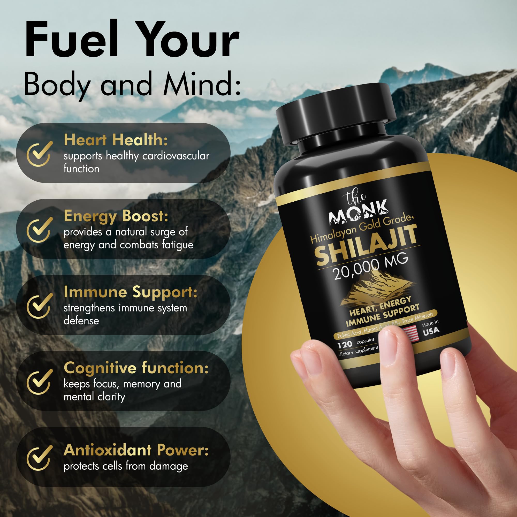 Étiquette THE MONK Shilajit claire, symbole de pureté et d'origine sauvage.