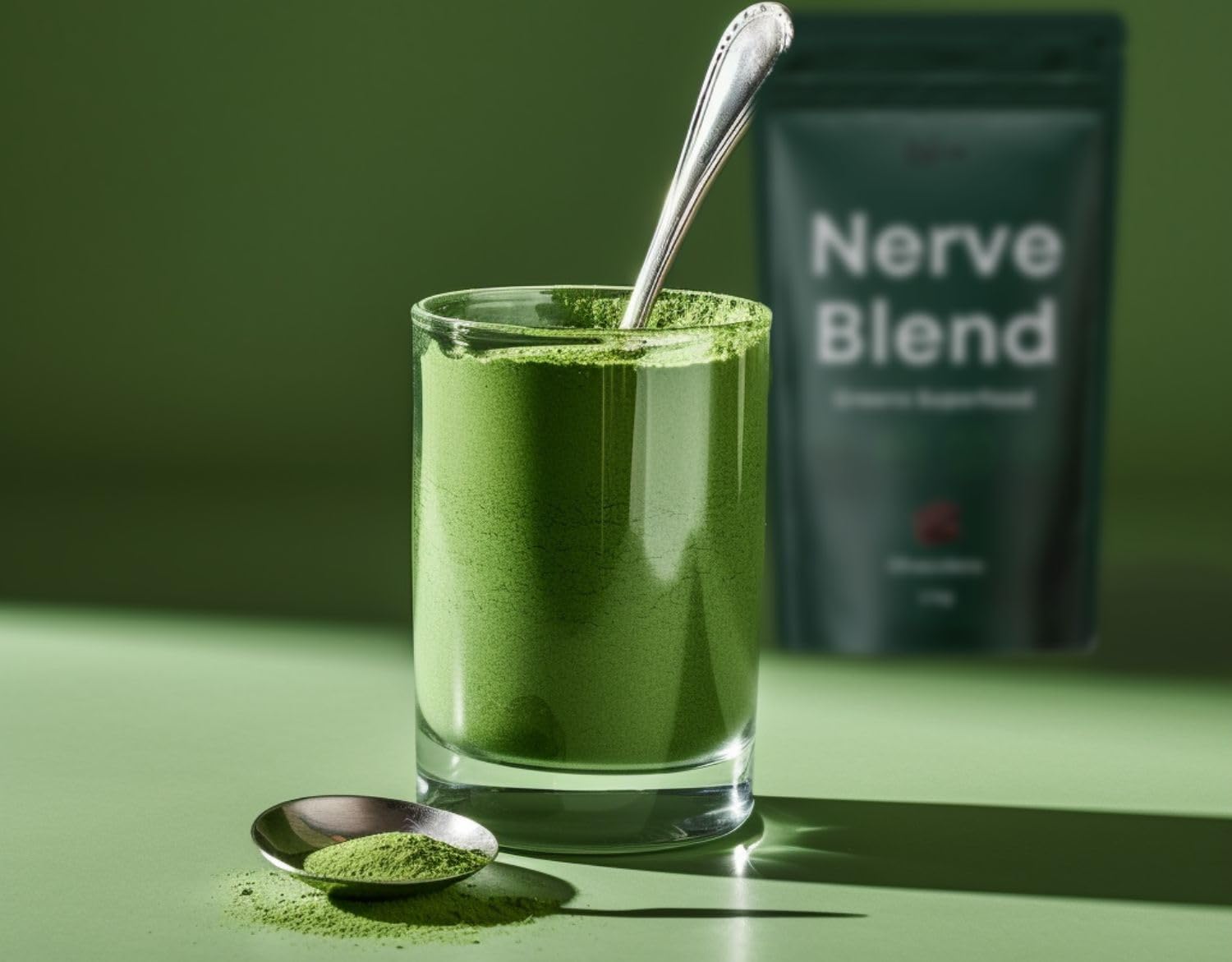 Poudre spiruline-chlorella The Nerve Brand, verre riche en nutriments.
