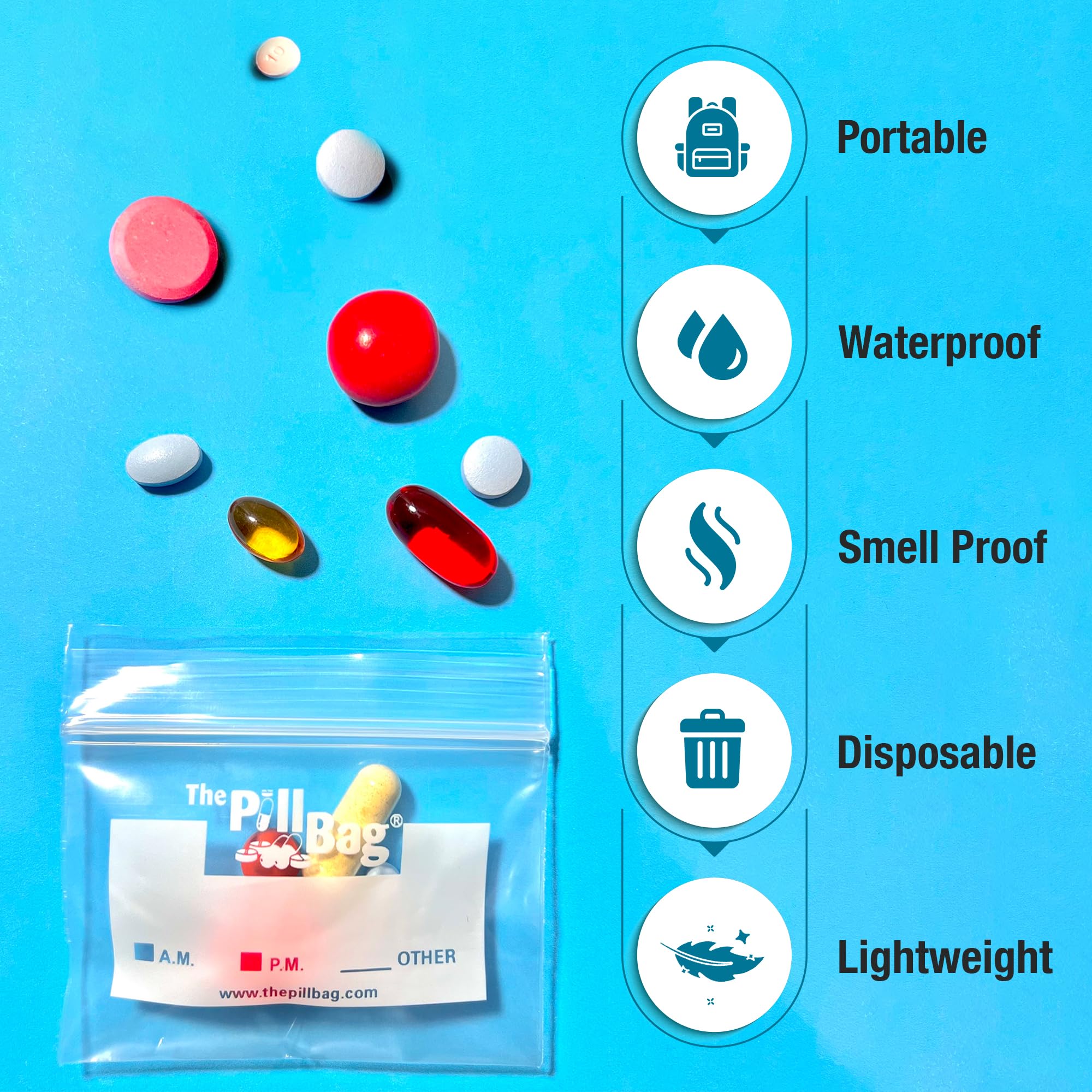 The Pill Bag fermeture-zippee facilite l'accès rapide aux pilules.