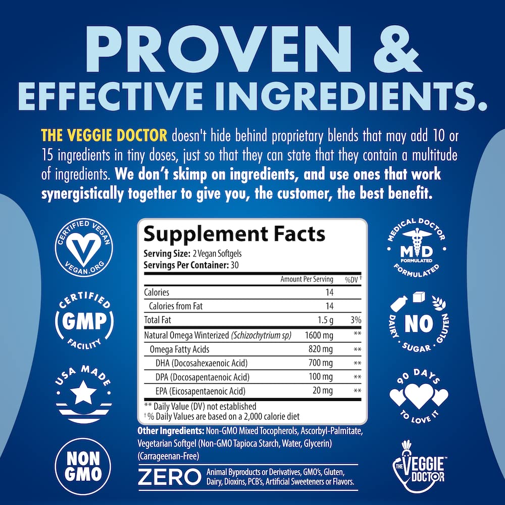 Étiquette Omega-3 algues The Veggie Doctor, formulation concentrée et claire.
