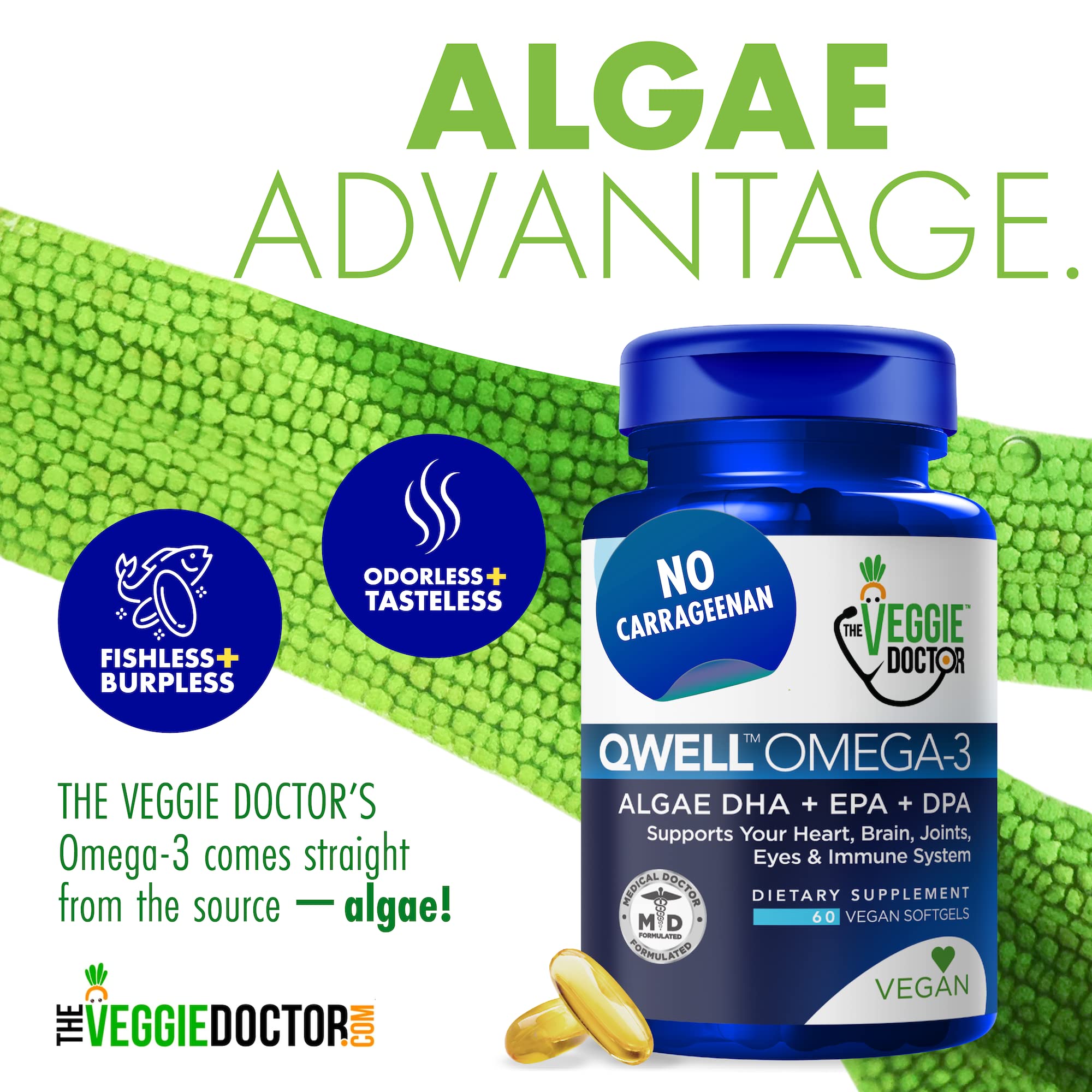 Source algues Omega-3 The Veggie Doctor, soutien potentiel pour le corps.
