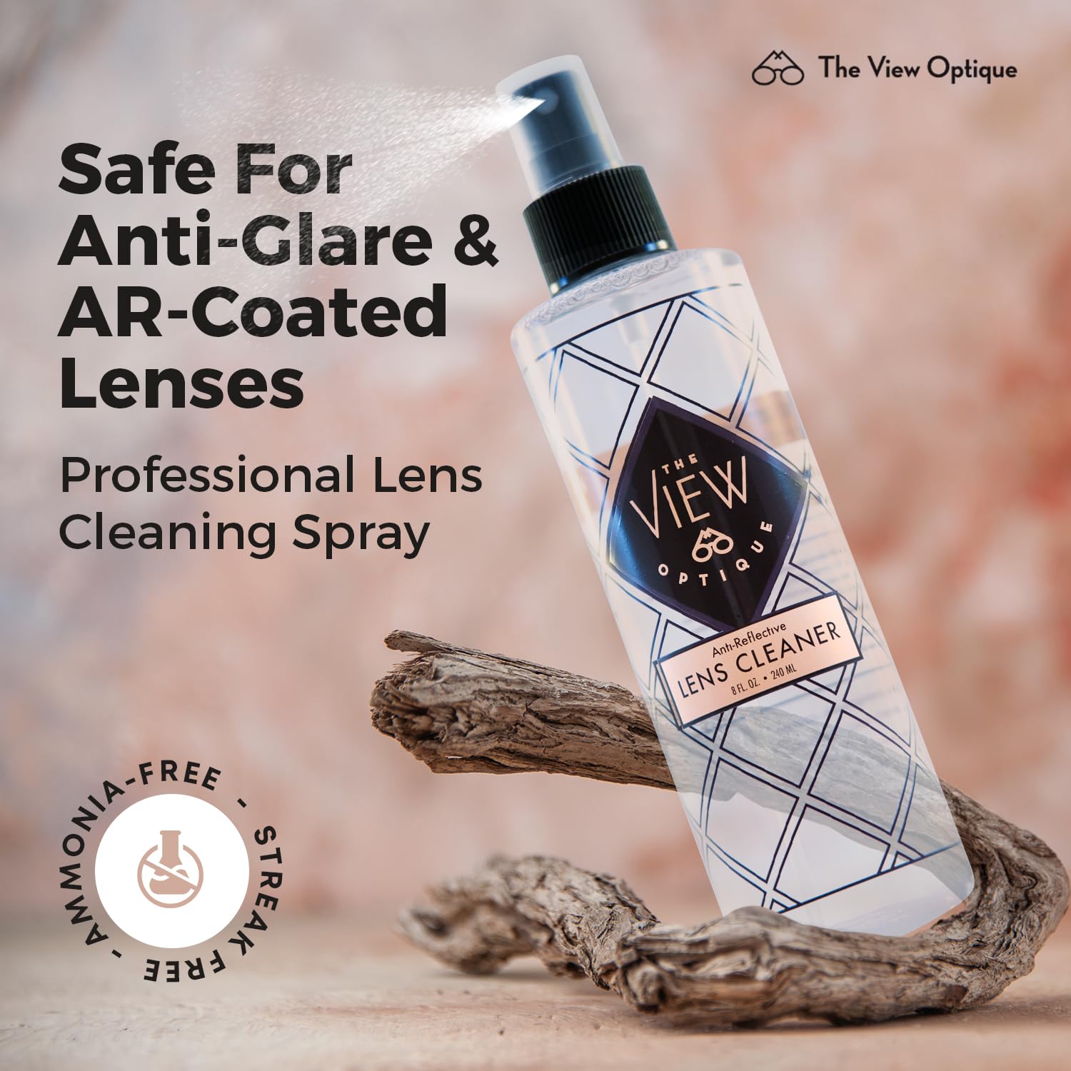 The View Optique flacon 8oz nettoyant lentilles polyvalent pour maison.