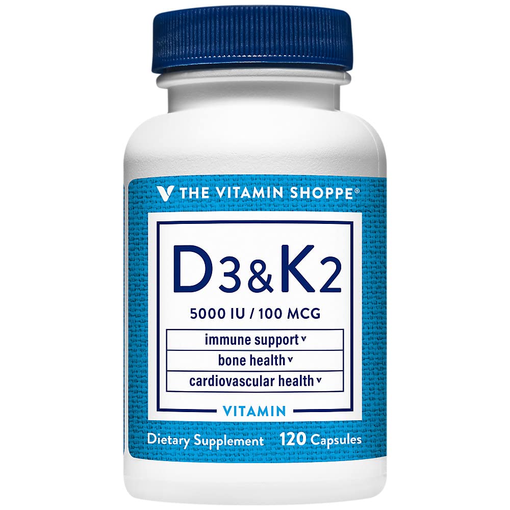 The Vitamin Shoppe D3 K2 5000 UI — bouteille de capsules, soutien possible des os et du système immunitaire.