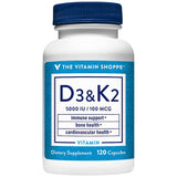 The Vitamin Shoppe D3 K2 5000 UI — bouteille de capsules, soutien possible des os et du système immunitaire.