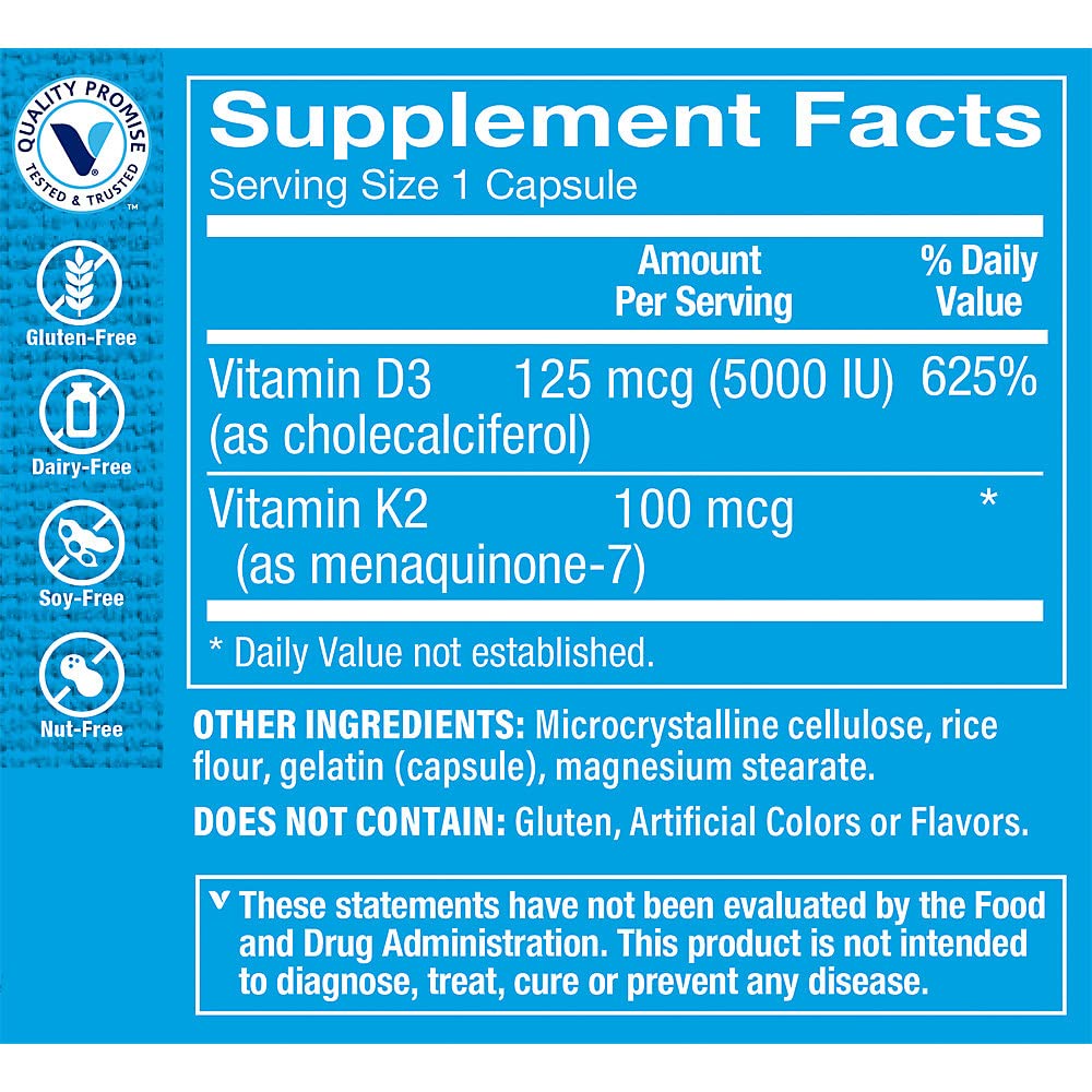 The Vitamin Shoppe D3 K2 5000 UI — étiquette claire et emballage, présentation du produit.