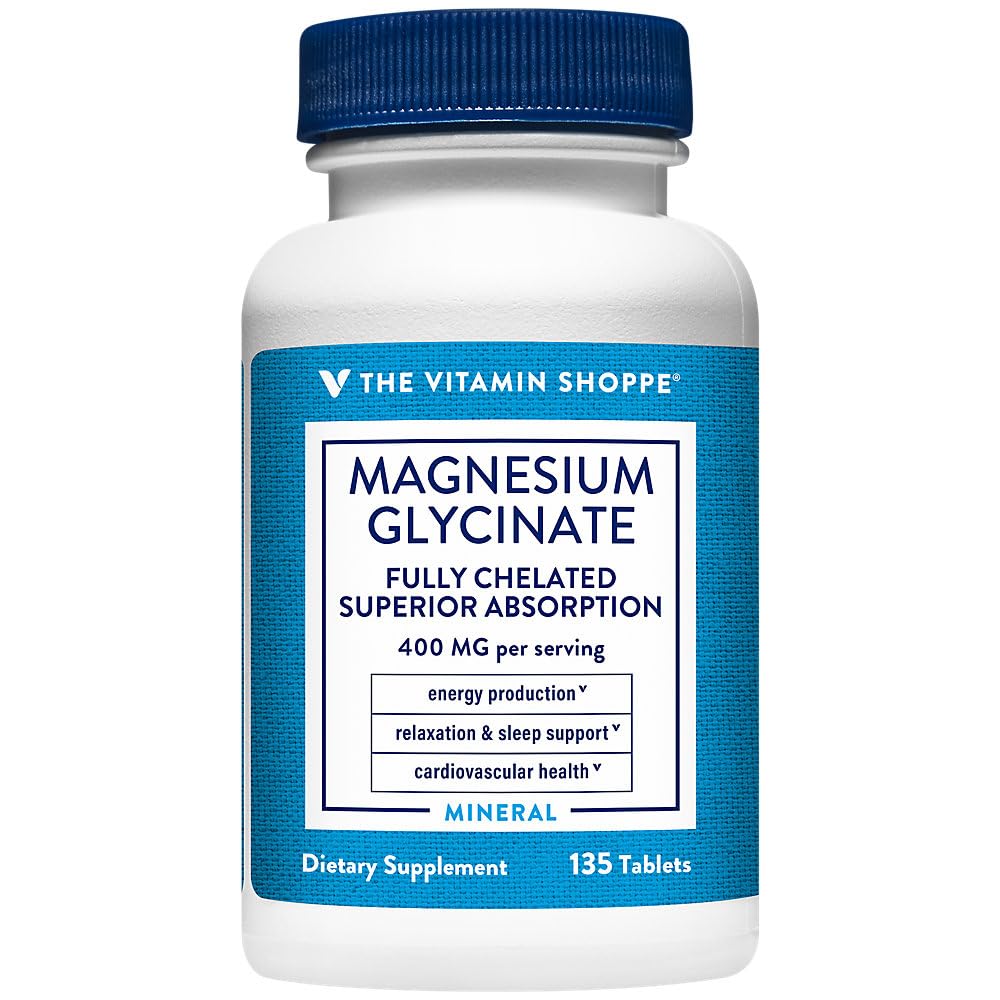 The Vitamin Shoppe Magnésium Glycinate 400 mg – bouteille pour relaxation musculaire et énergie quotidienne.