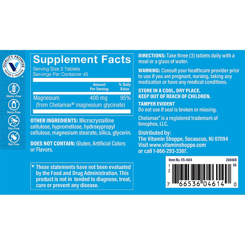 The Vitamin Shoppe Magnésium Glycinate 400 mg – comprimés faciles à avaler pour un soutien digestif doux.