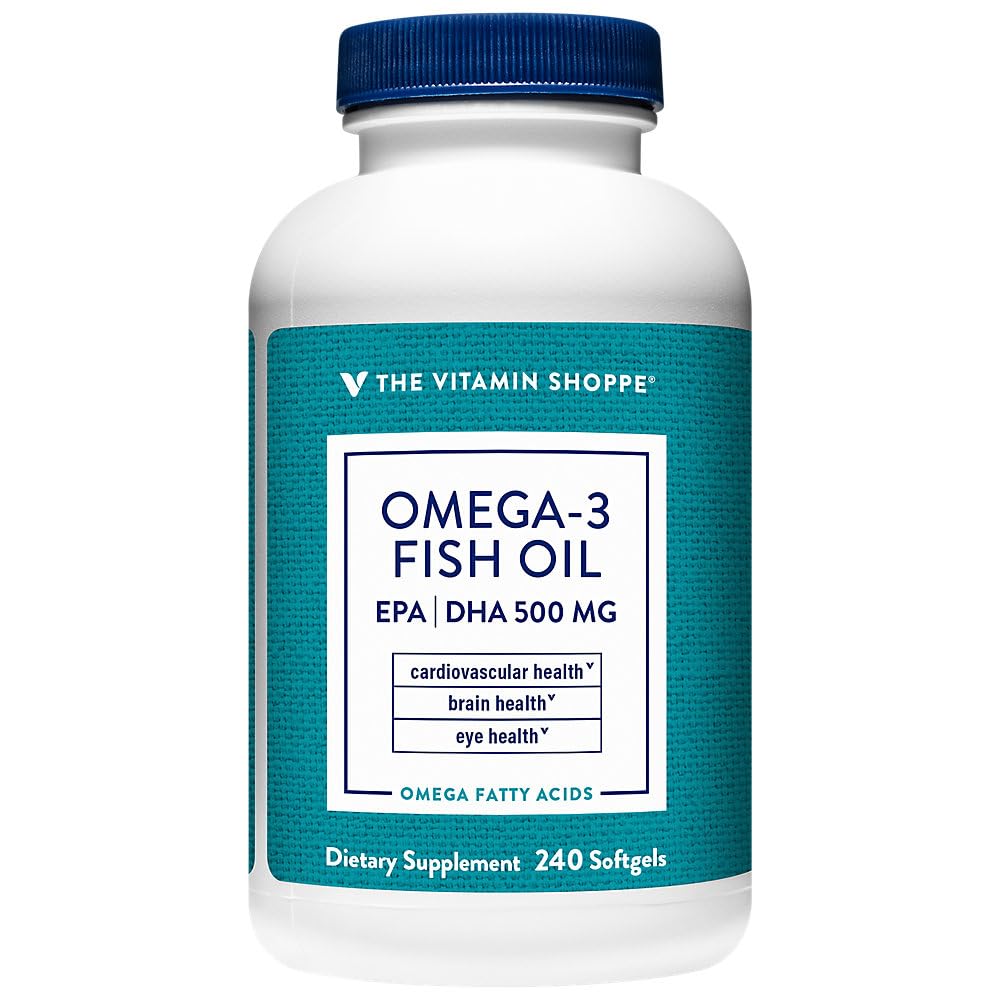 The Vitamin Shoppe Omega 3 – bouteille avant, soutien potentiel du cœur et du cerveau.