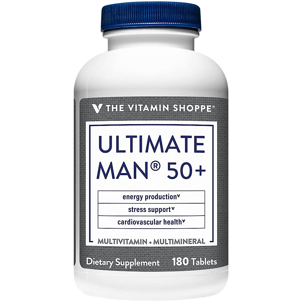 The Vitamin Shoppe Ultimate Man 50+ Multivitamin – etiquette du produit, énergie durable au quotidien.