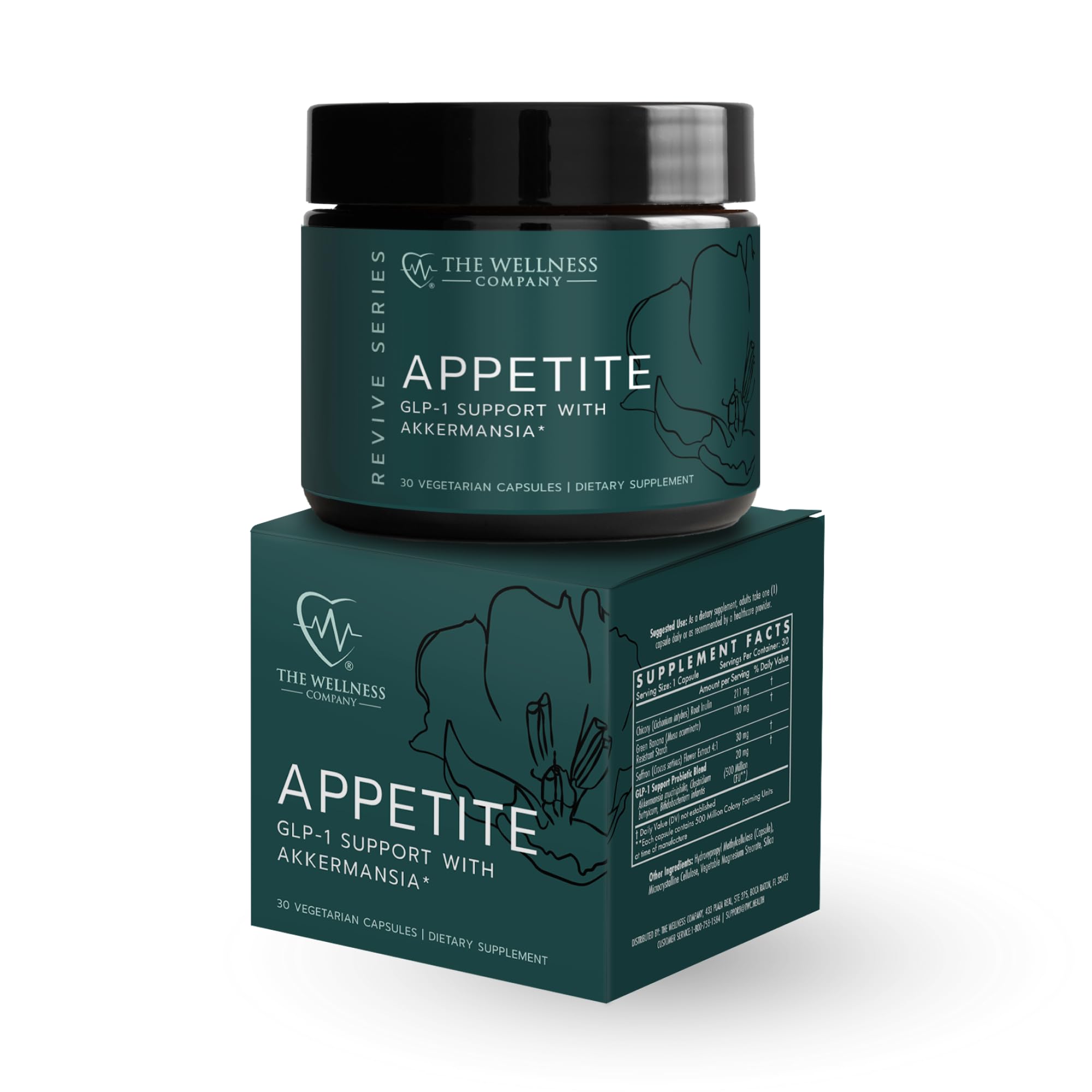 The Wellness Company Appetite : ingrédients clés Akkermansia et prébiotiques mis en évidence.