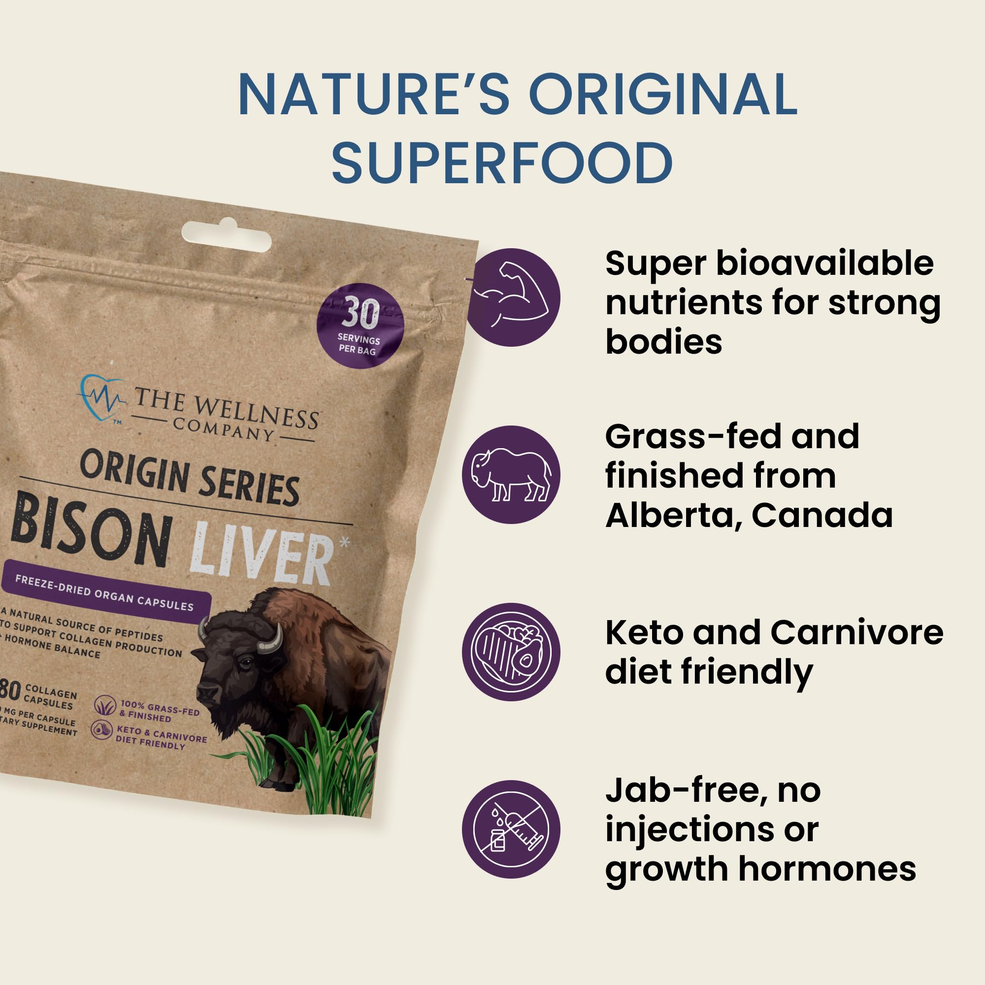 Dosage quotidien recommandé: trois capsules, The Wellness Company Foie de Bison.