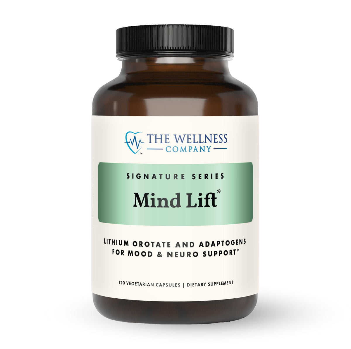 The Wellness Company Mind Lift — bouteille et capsules, support possible pour l'humeur et la concentration.