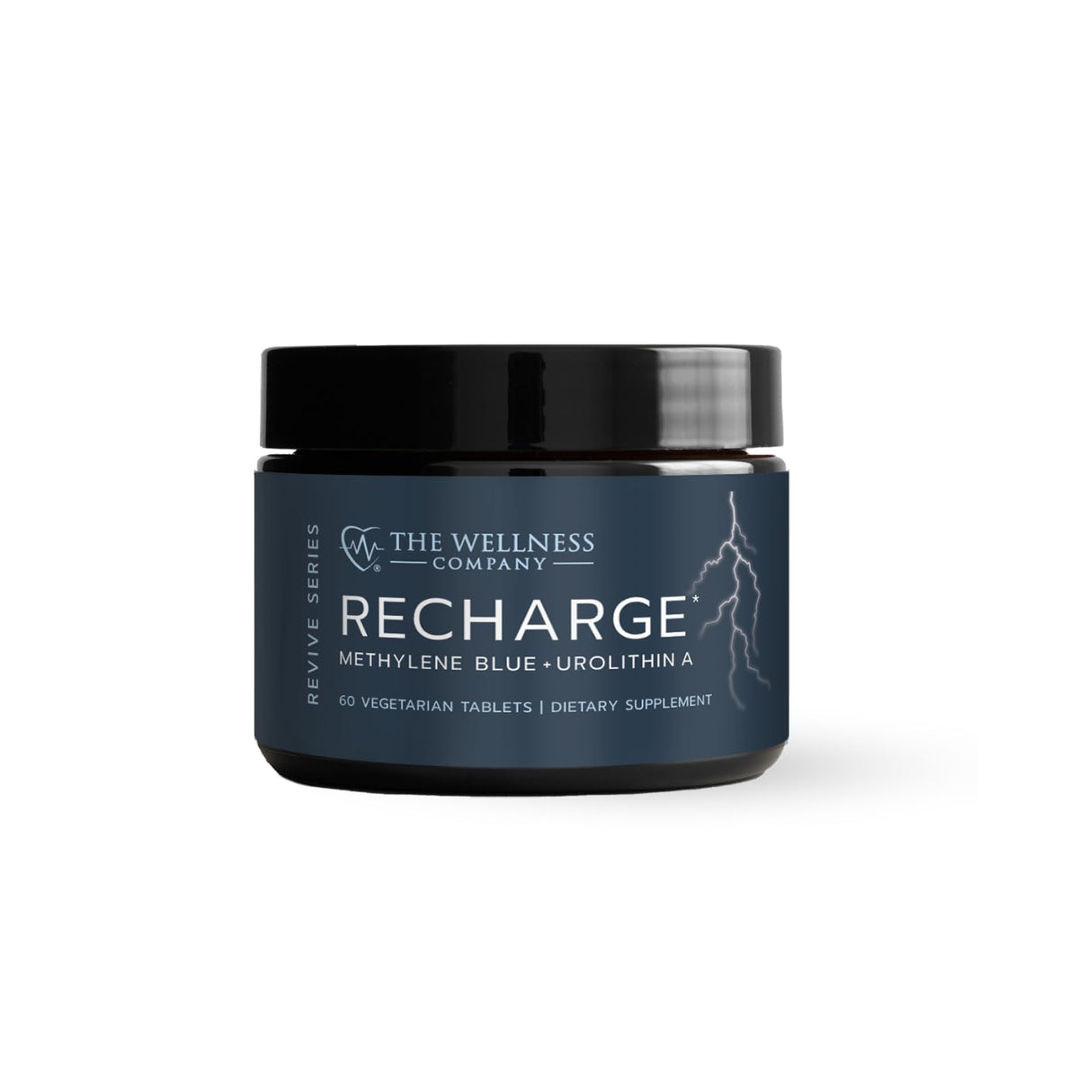 Recharge The Wellness Company, bouteille élégante, soutient potentiellement la clarté mentale au quotidien.