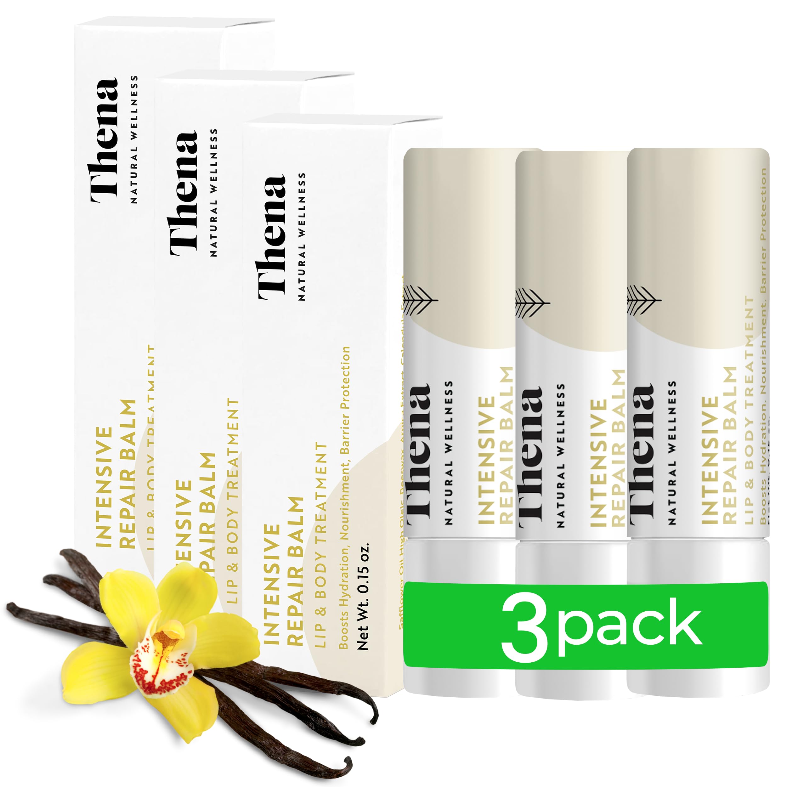 THENA Natural Wellness baume lèvres bio, emballage élégant et réparateur.