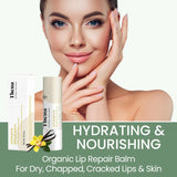 Application du baume THENA Natural Wellness sur lèvres sèches, hydratation rapide.
