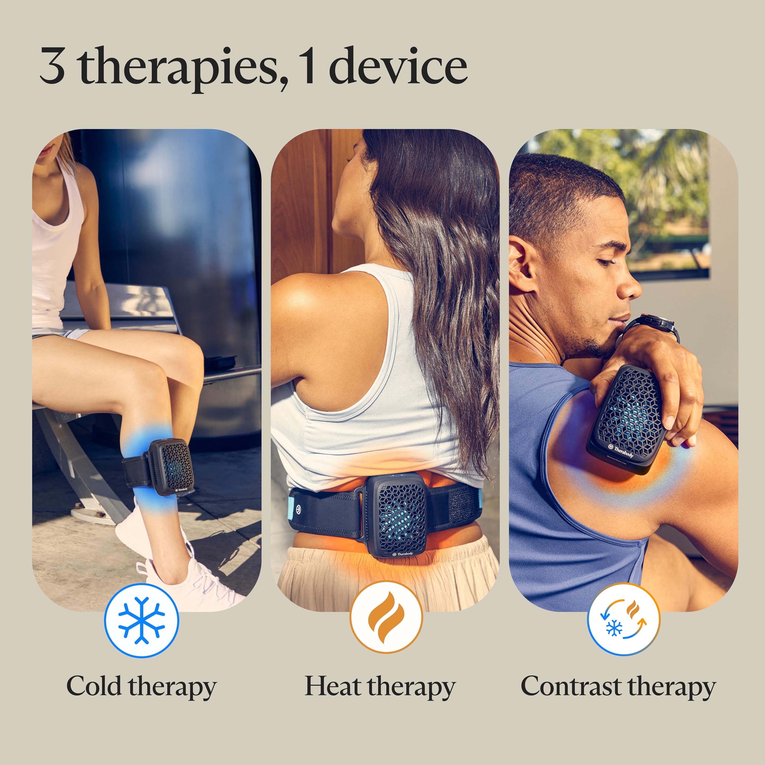 TheraGun RecoveryTherm Cube sur genou: chaleur ciblée.