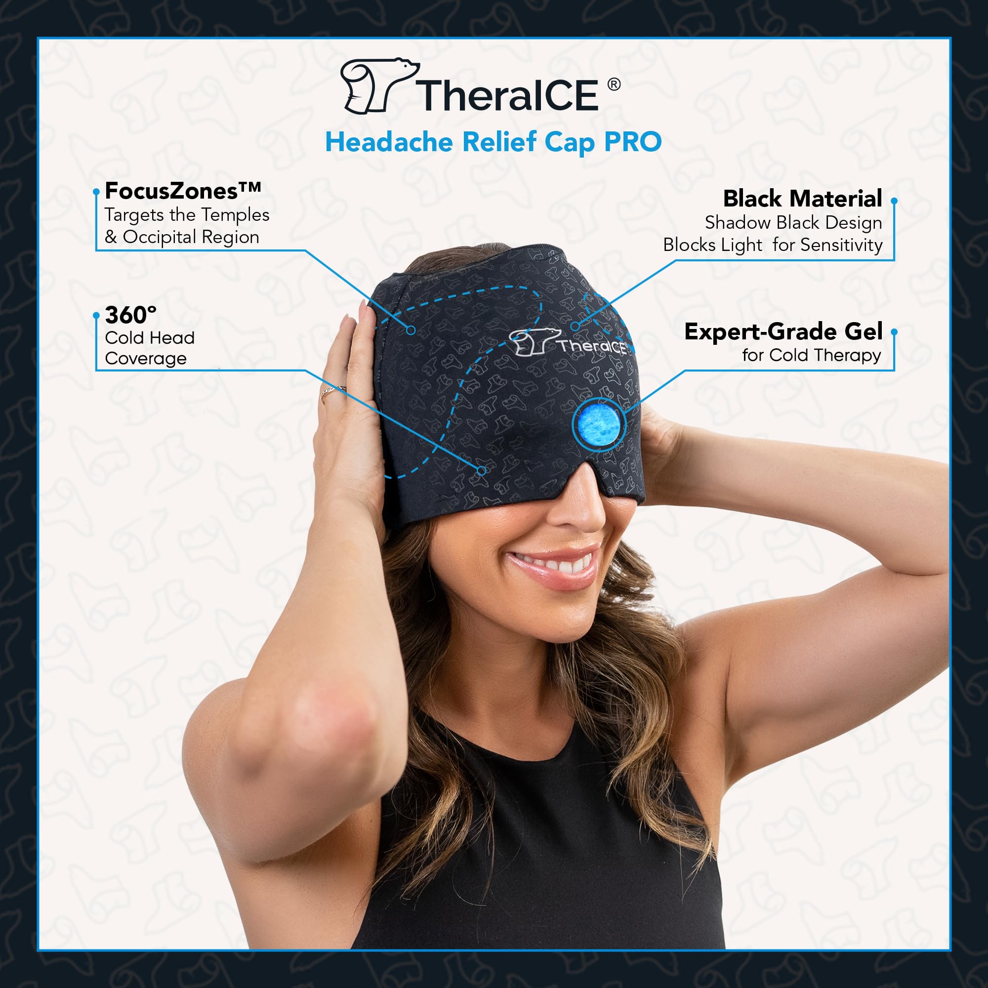 TheraICE Cap relief migraine vue-avant; couverture 360° pour un refroidissement rapide.
