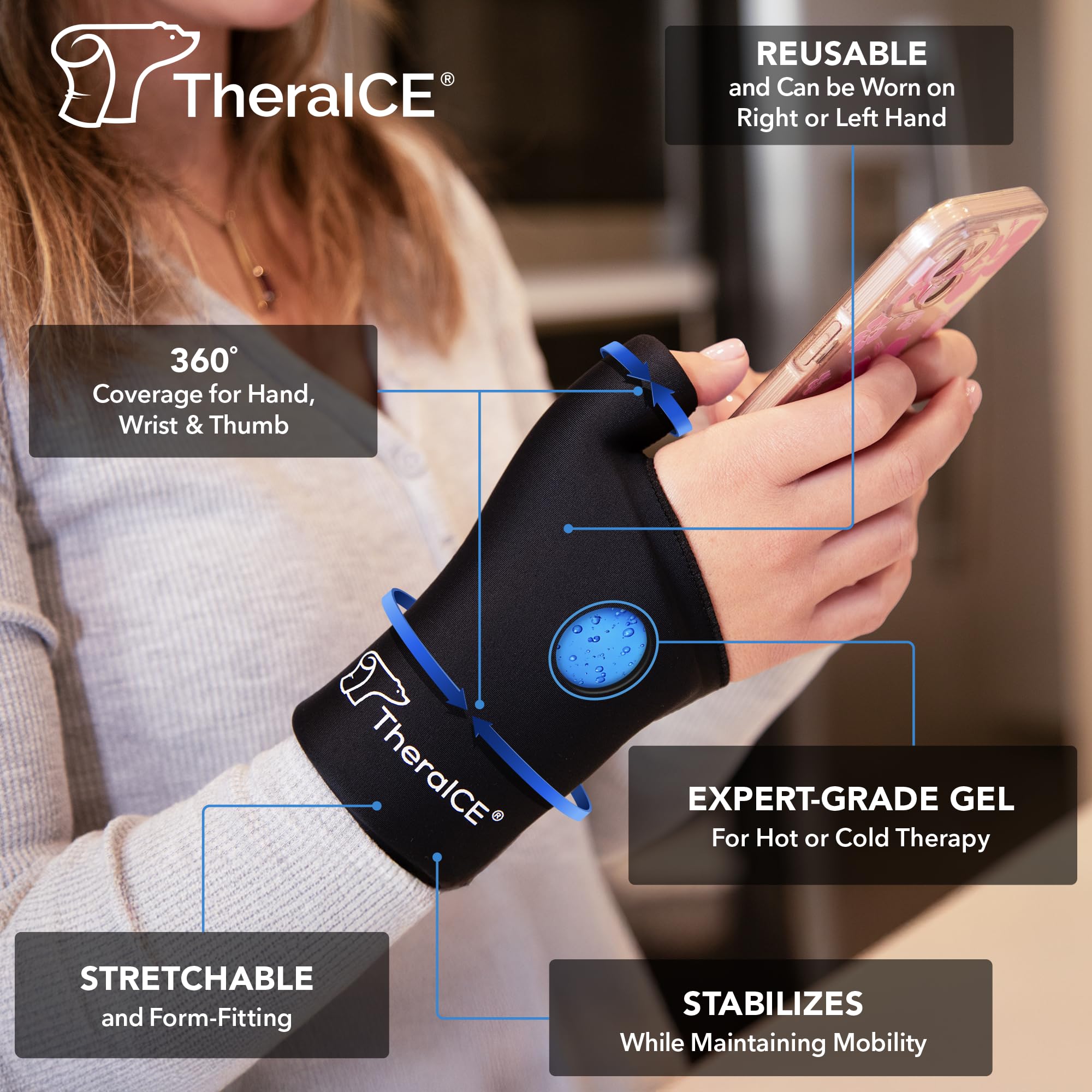 TheraICE gant poignet gauche/droite, s'adapte facilement à chaque main.