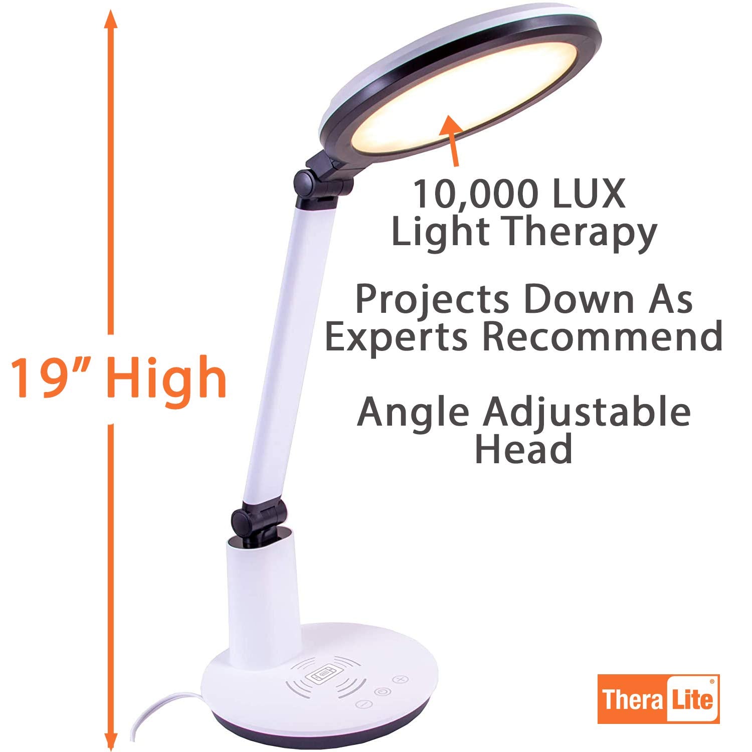 Theralite Halo, chargeur sans fil intégré recharge smartphone lors de l'utilisation.