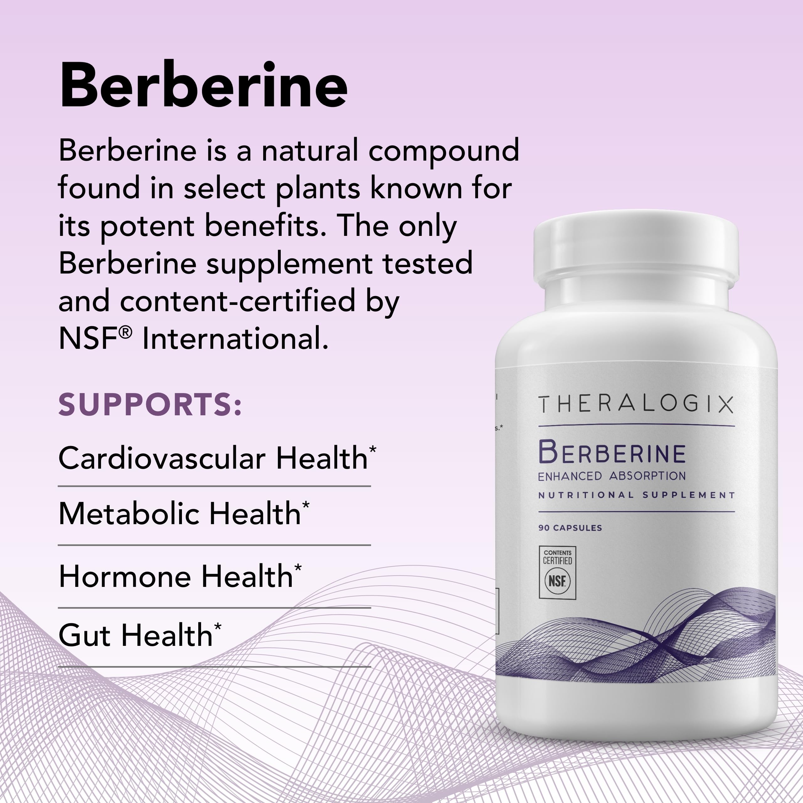 Étiquette Theralogix Berberine affichant pureté et tests NSF vérifiés.