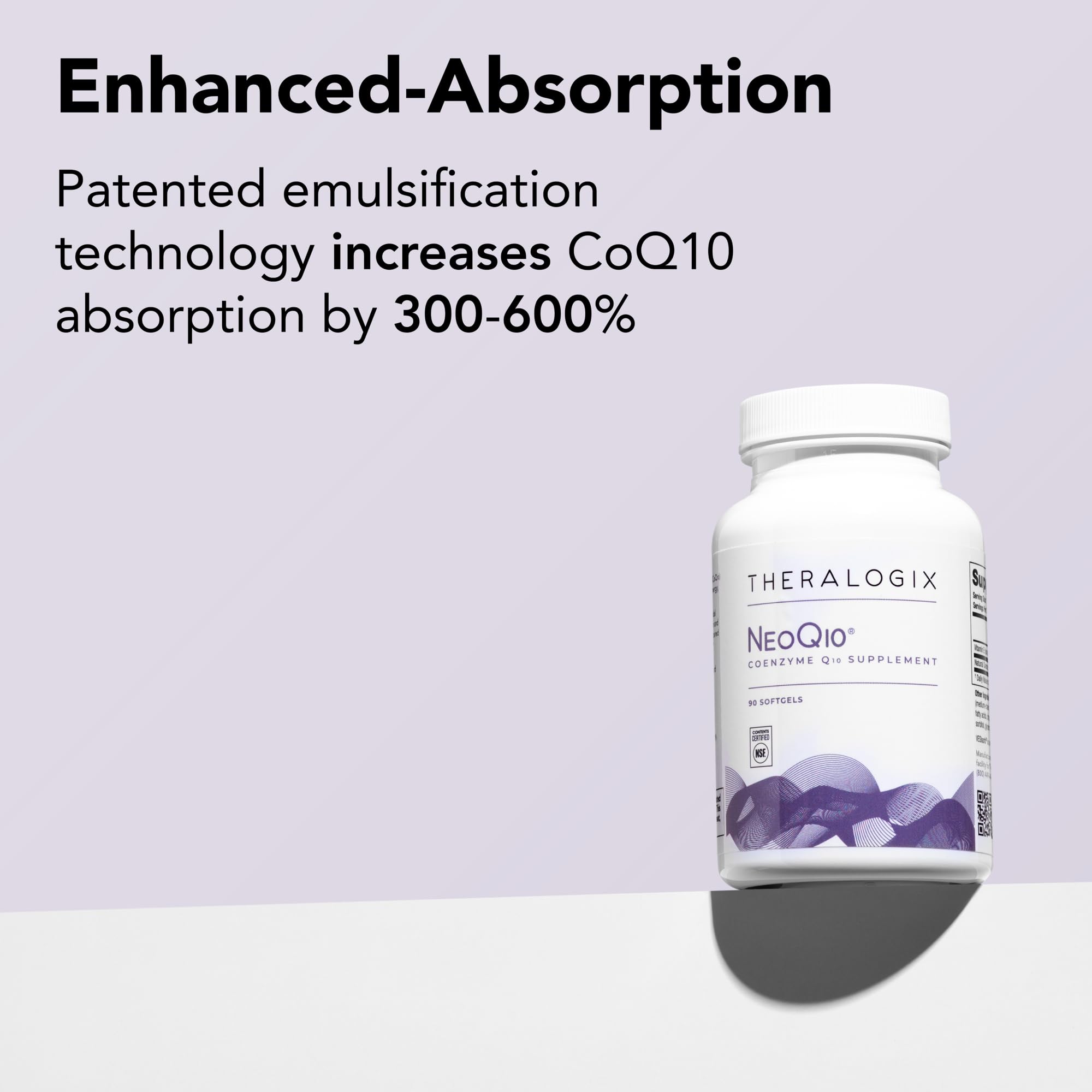 NeoQ10 Theralogix : absorption VesIsorb améliorée pour une biodisponibilité potentiellement accrue.