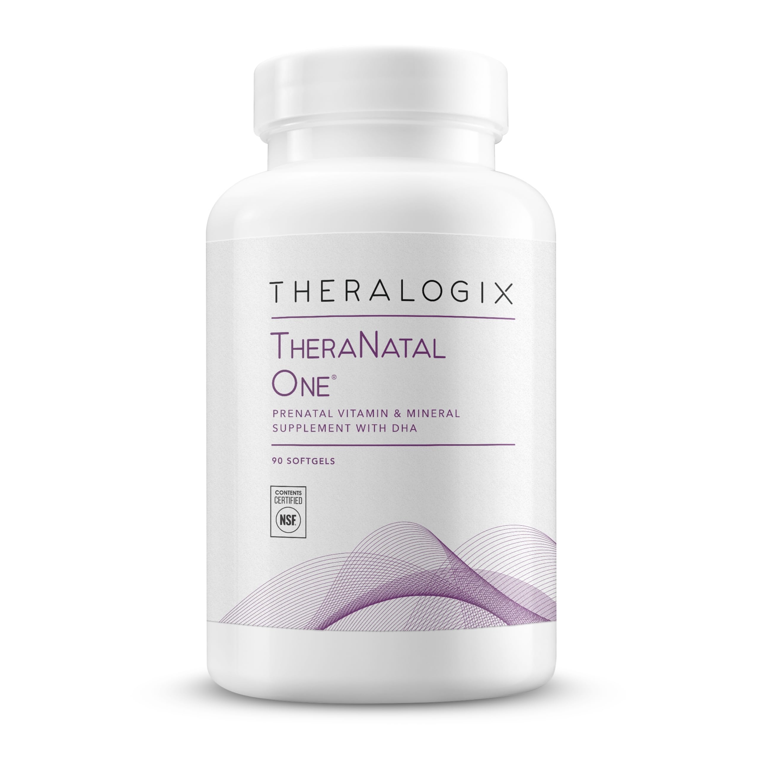 Theralogix TheraNatal One, bouteille de gélules prénatales, pratique pour un apport quotidien.
