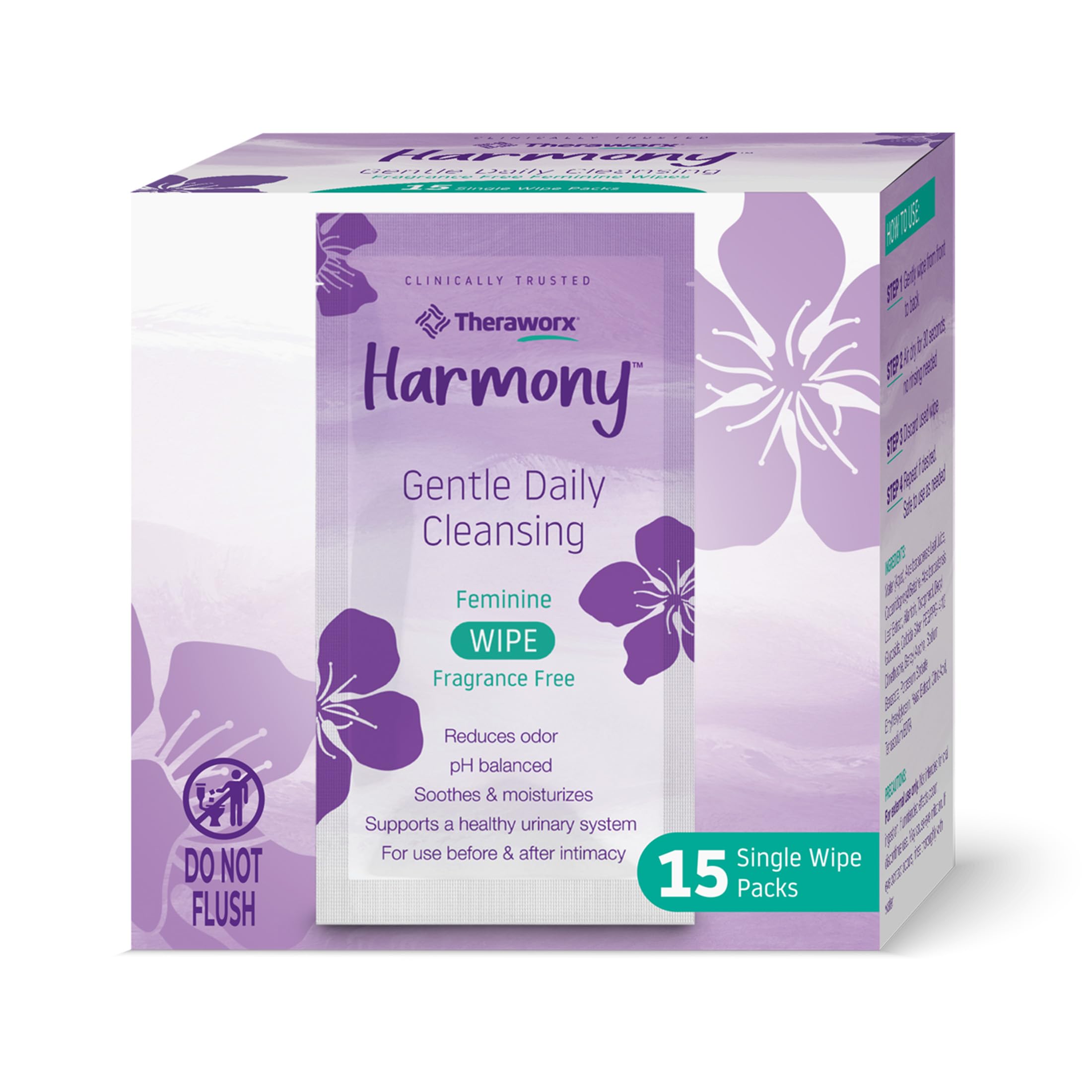 Theraworx Harmony lingettes quotidiennes sans parfum, emballage pratique pour l'hygiène quotidienne.