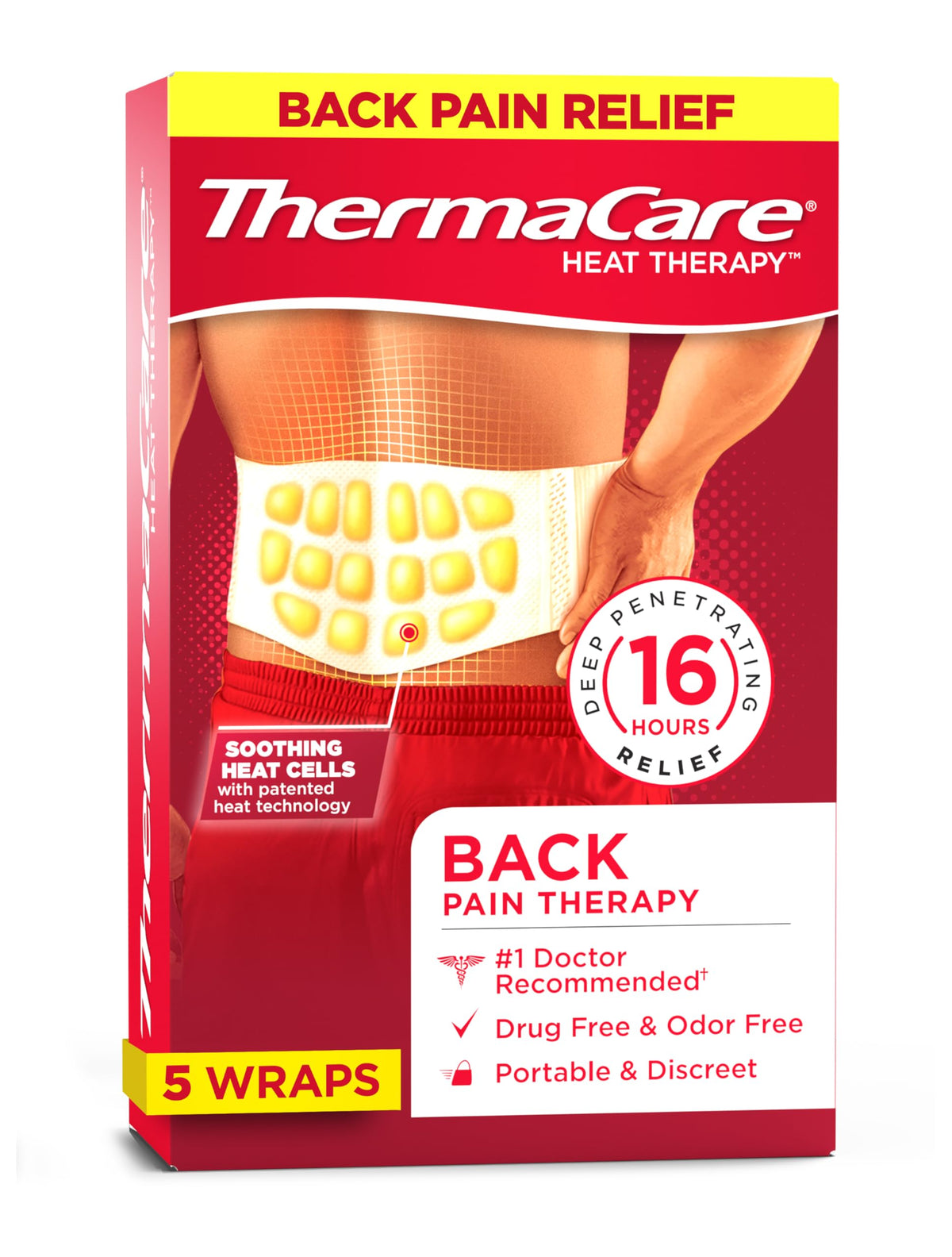 ThermaCare dos-hanche-application : enveloppe légère pour une utilisation rapide et ciblée.