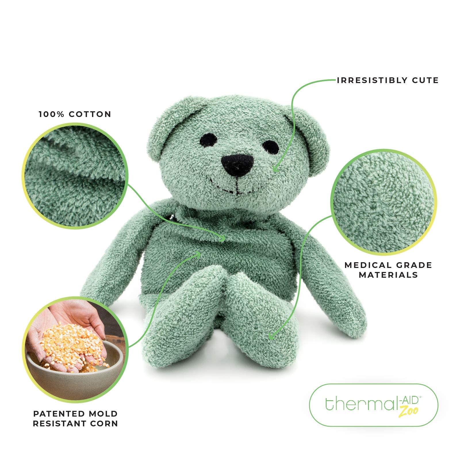 Thermal-Aid ours vert peluche au micro-ondes: chaleur rapide et sécurisée.