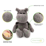 Thermal-Aid Zoo Mini Happy The Hippo gros plan sur le remplissage en maïs, isolation naturelle.