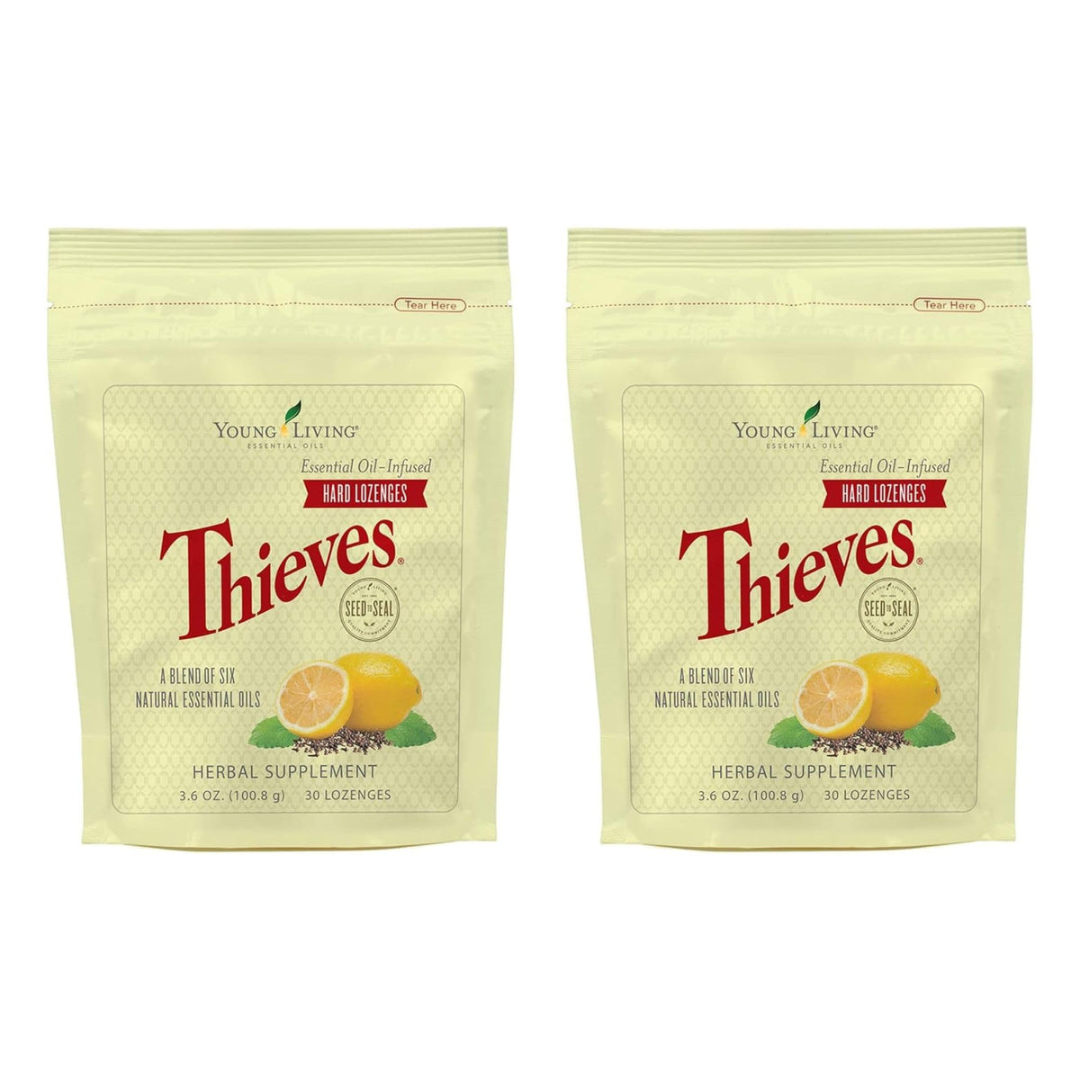 Pastilles Thieves par Young Living, goût citron-menthe, réconfort pour gorge sèche.