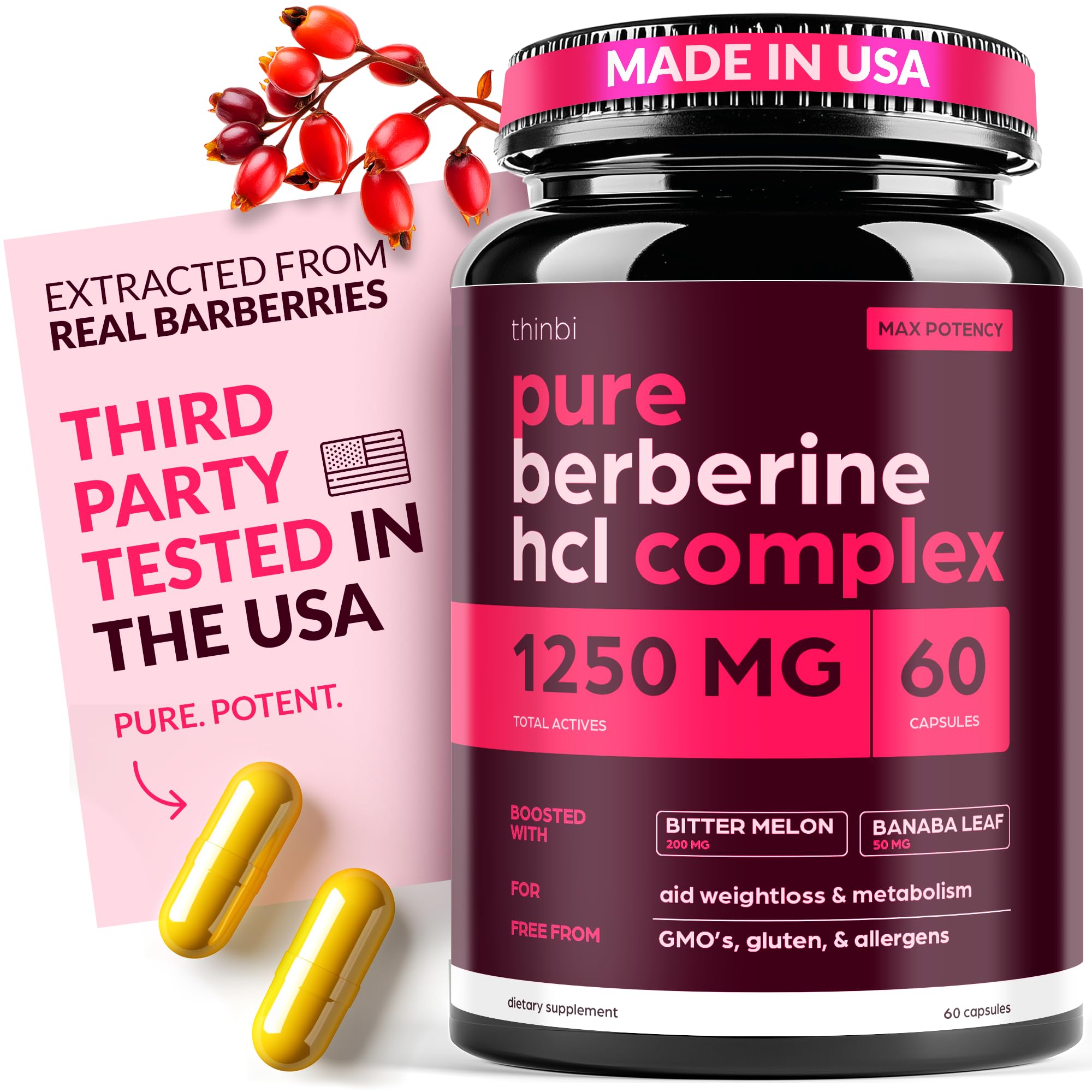 THINBI Berberine 1250mg en bouteille — soutient potentiel du métabolisme.