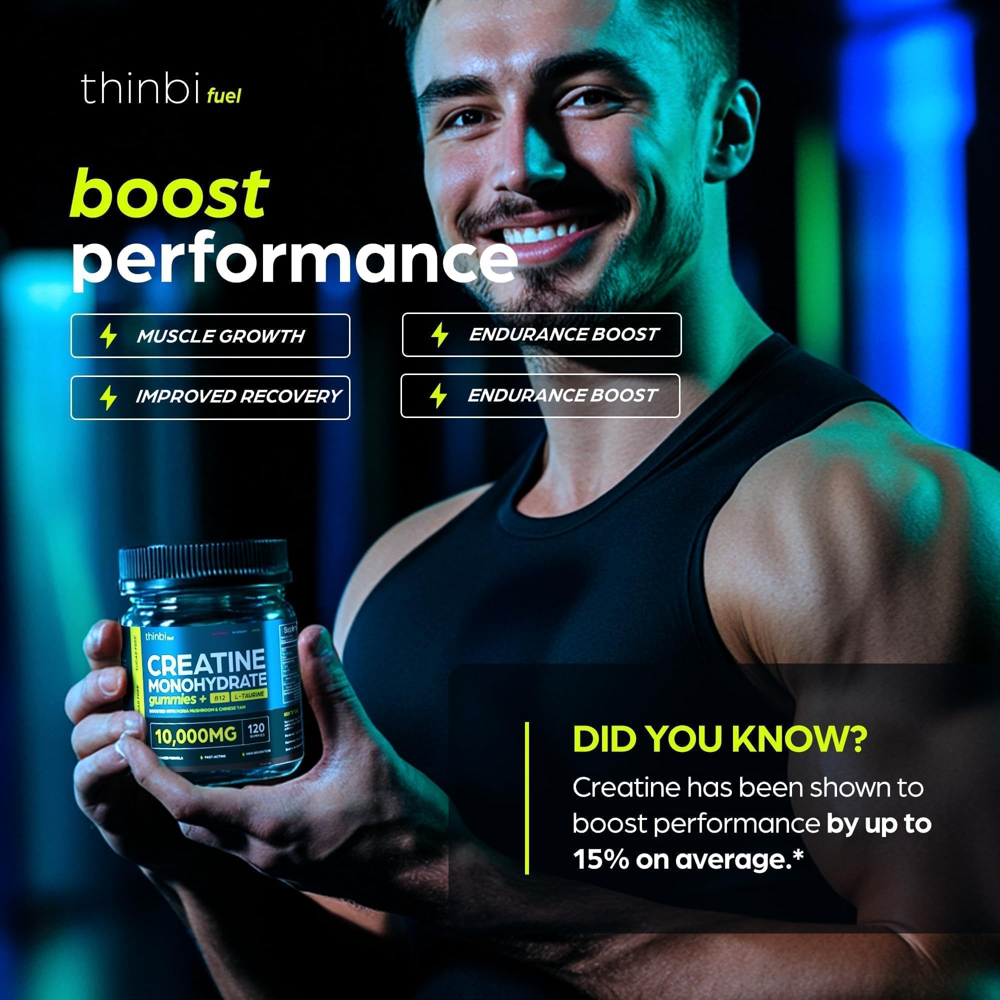 Thinbi Creatine Gummies – boîte pratique pour les séances pré-entraînement.
