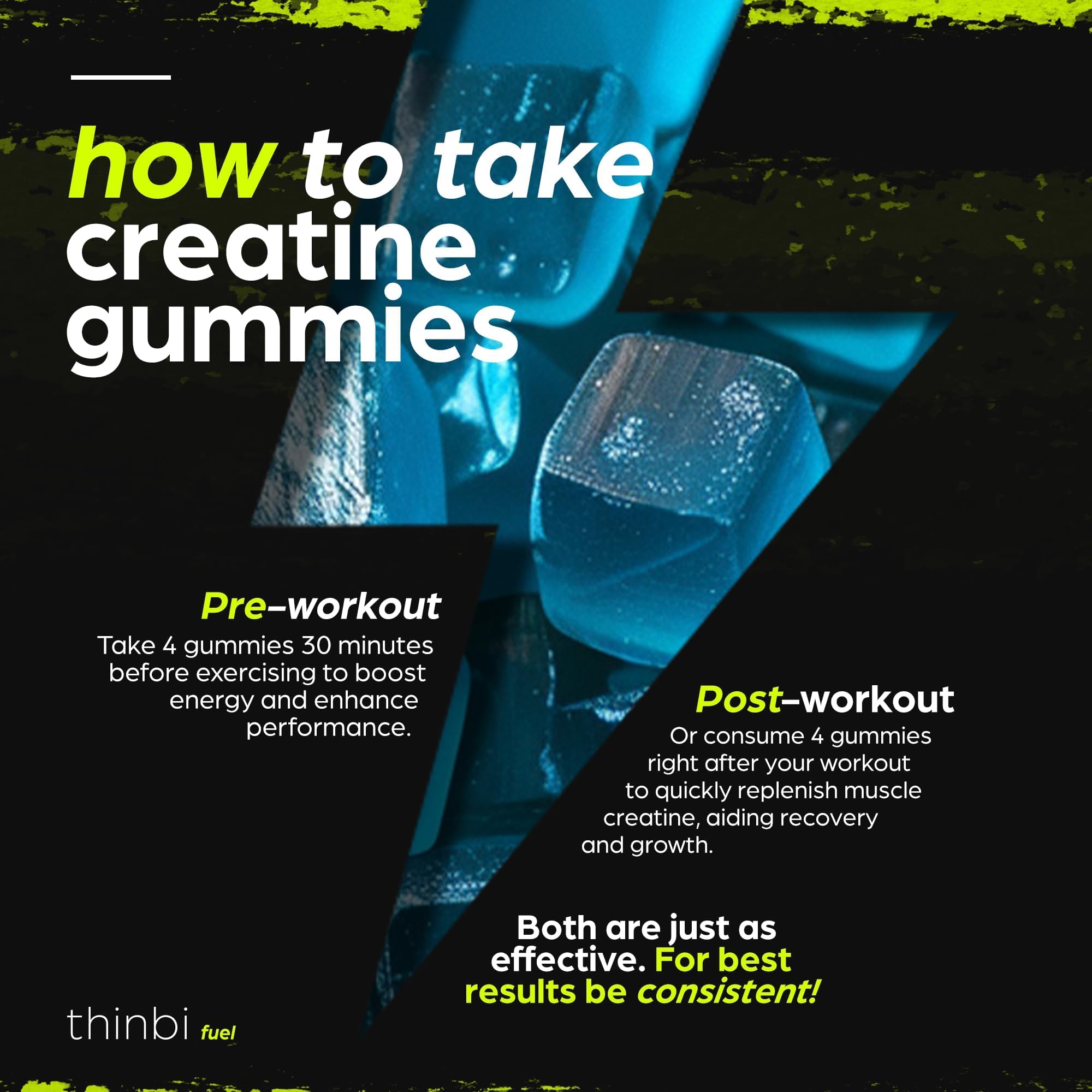 Thinbi Creatine Monohydrate Gummies – sans gluten, ingrédients propres