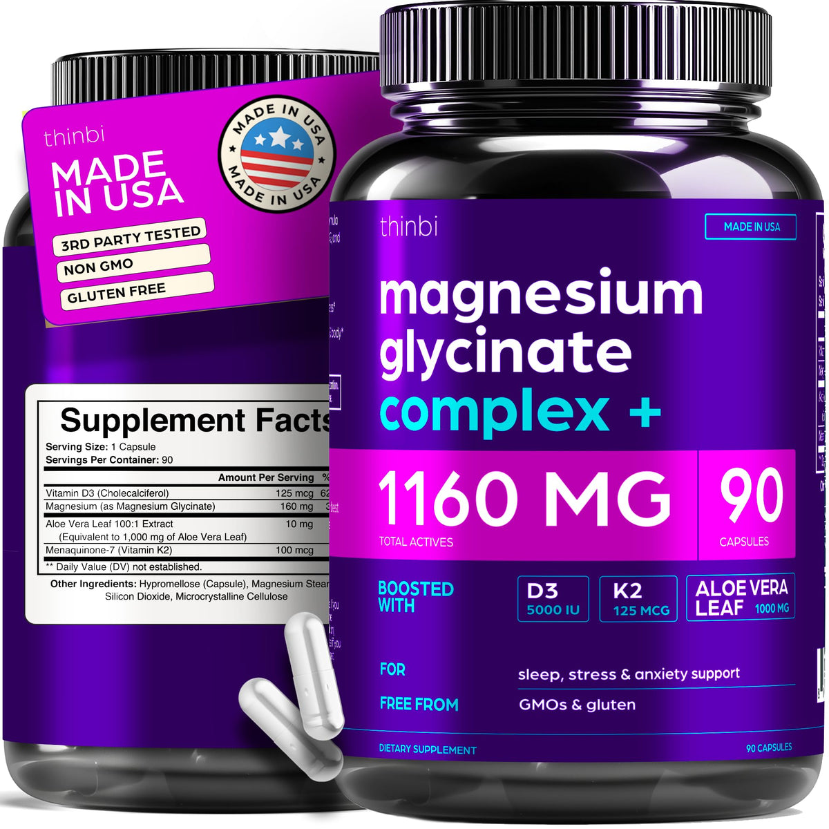 Thinbi Magnésium Glycinate – bouteille; soutien potentiel au système musculaire et à l'énergie.