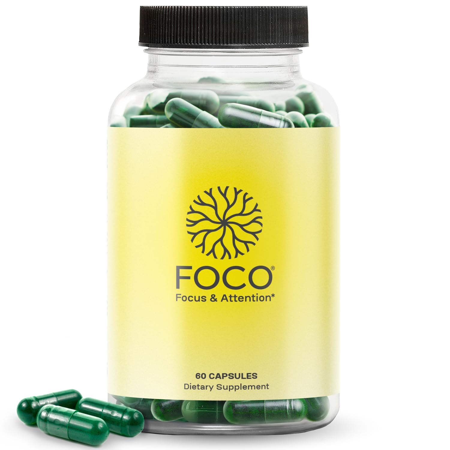 Think FOCO capsules sur bouteille ouverte, concentration et clarté mentale potentielles.