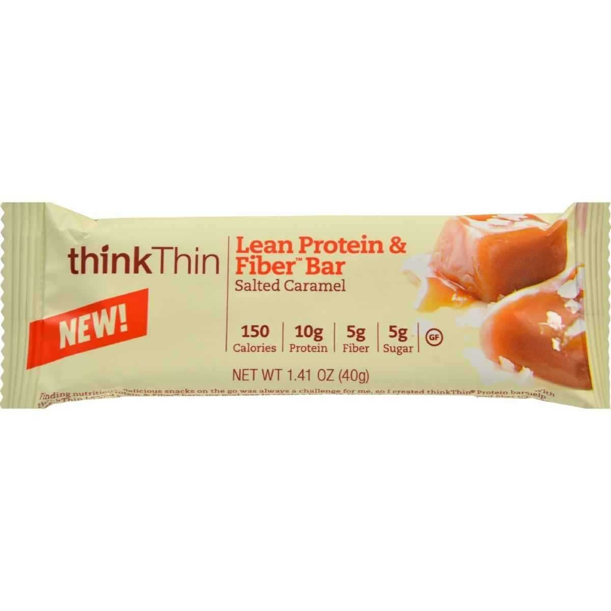 Barre Think Thin au caramel salé, idéale collation protéinée après l'entraînement.