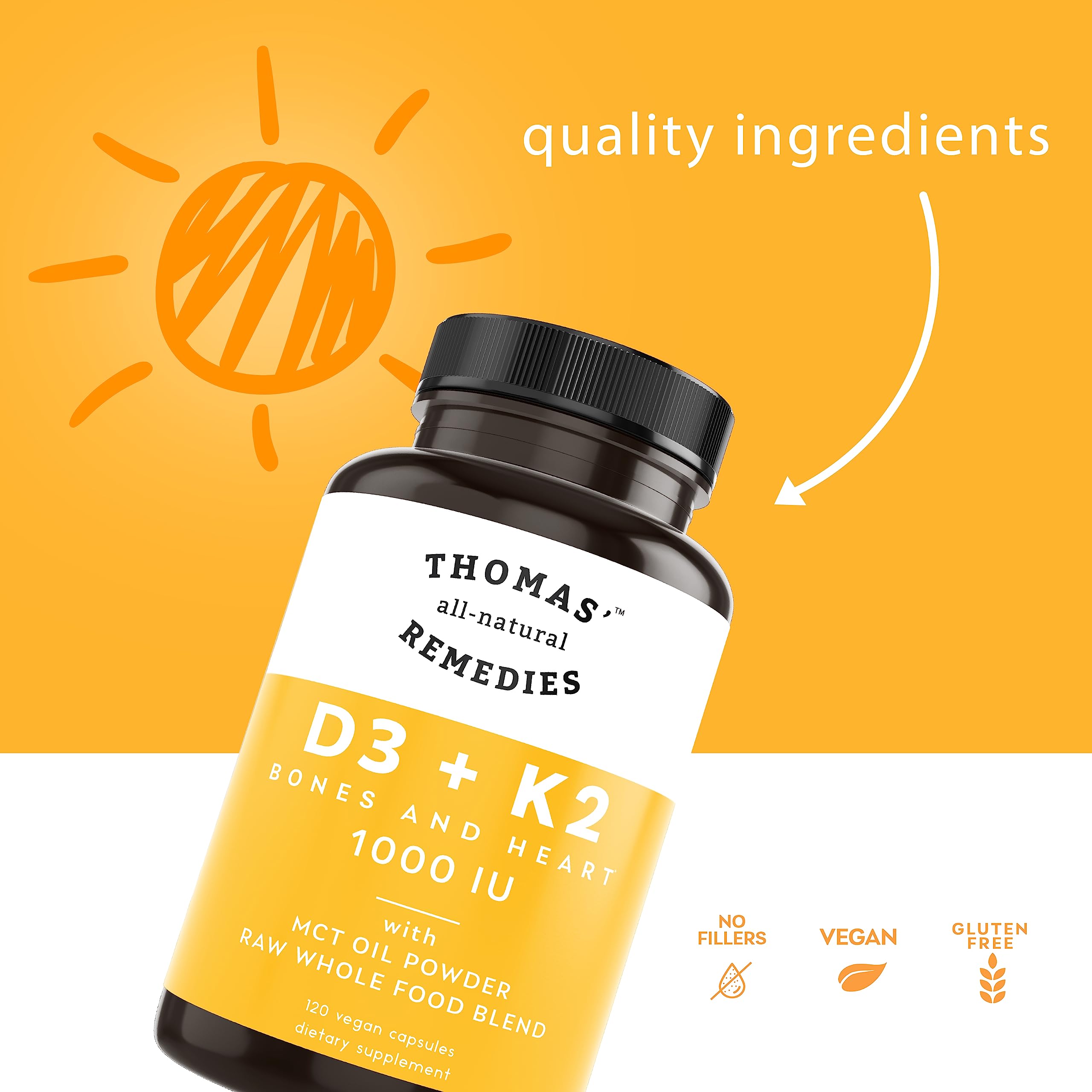 Capsules D3-K2 végane de Thomas' all-natural Remedies pour un apport quotidien.
