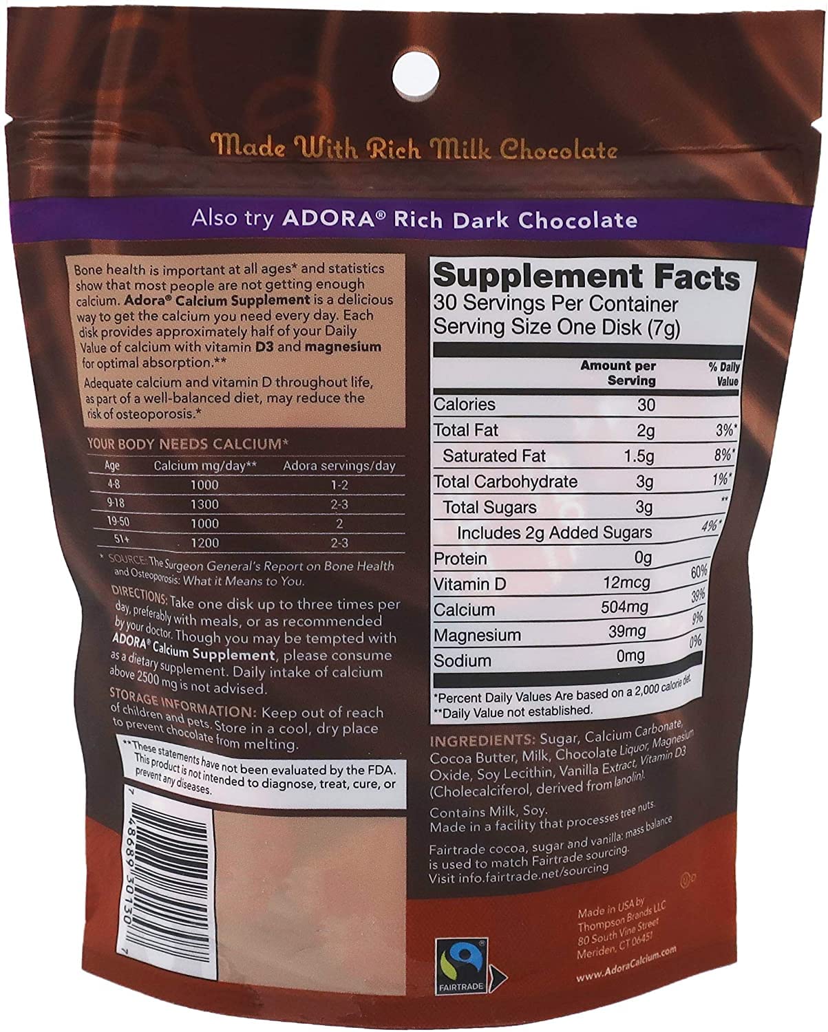 Adora Thompson emballage chocolat lait, format pratique pour une collation sans gluten.