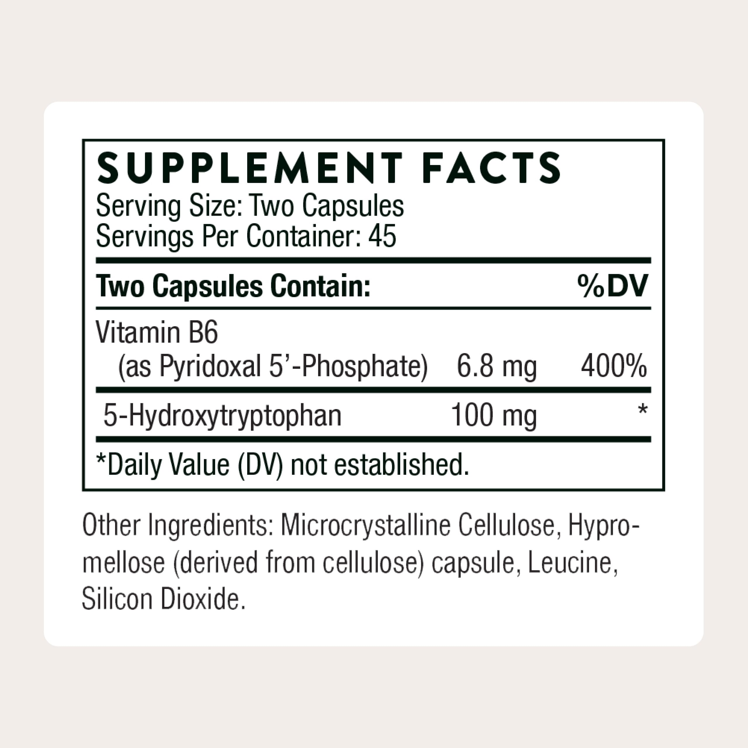 THORNE 5-HTP - Etiquette ingrédients: vitamine B6 soutient la sérotonine