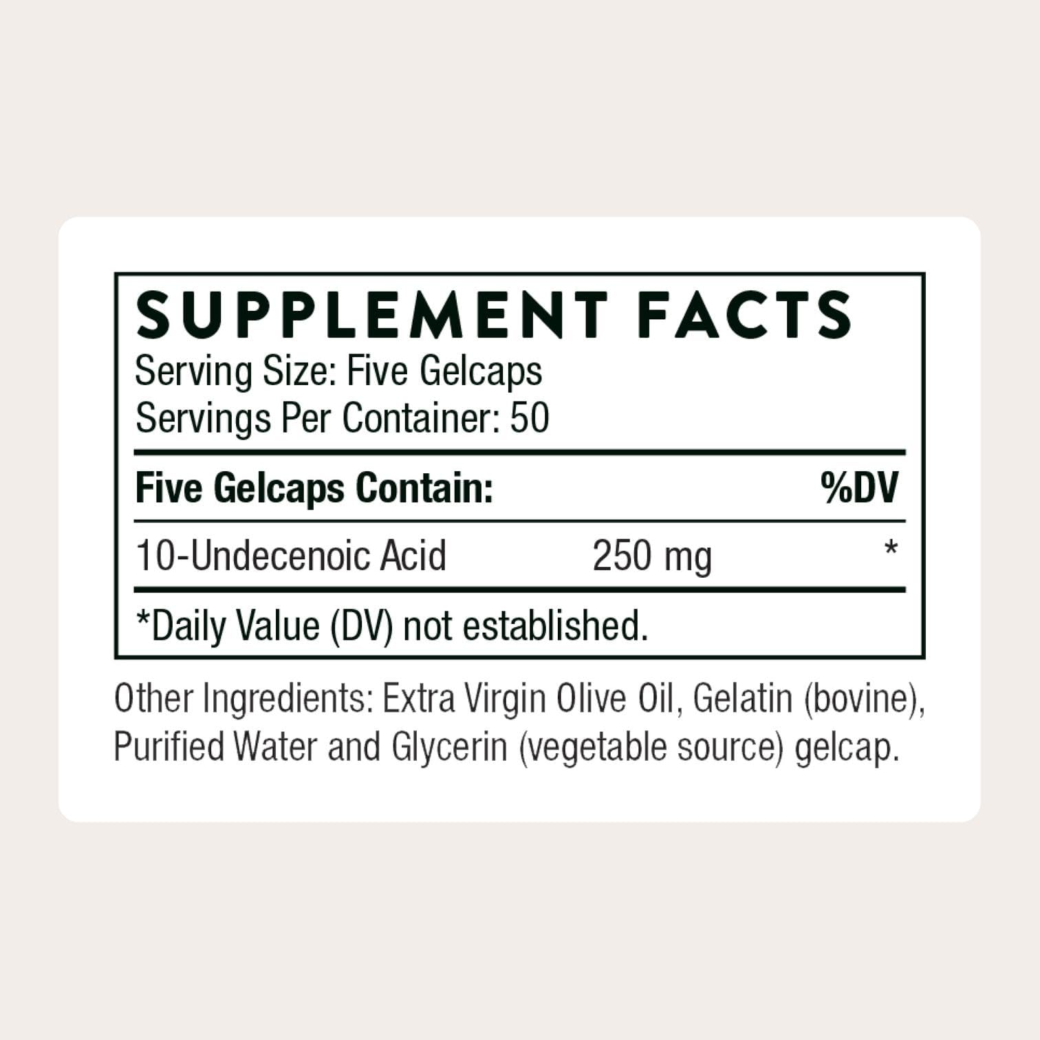 THORNE acide undecylenique – gélules 250 mg, prise quotidienne recommandée.
