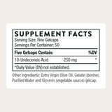 THORNE acide undecylenique – gélules 250 mg, prise quotidienne recommandée.