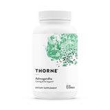 THORNE Ashwagandha: bouteille de capsules, soutien calme et énergie diurne.