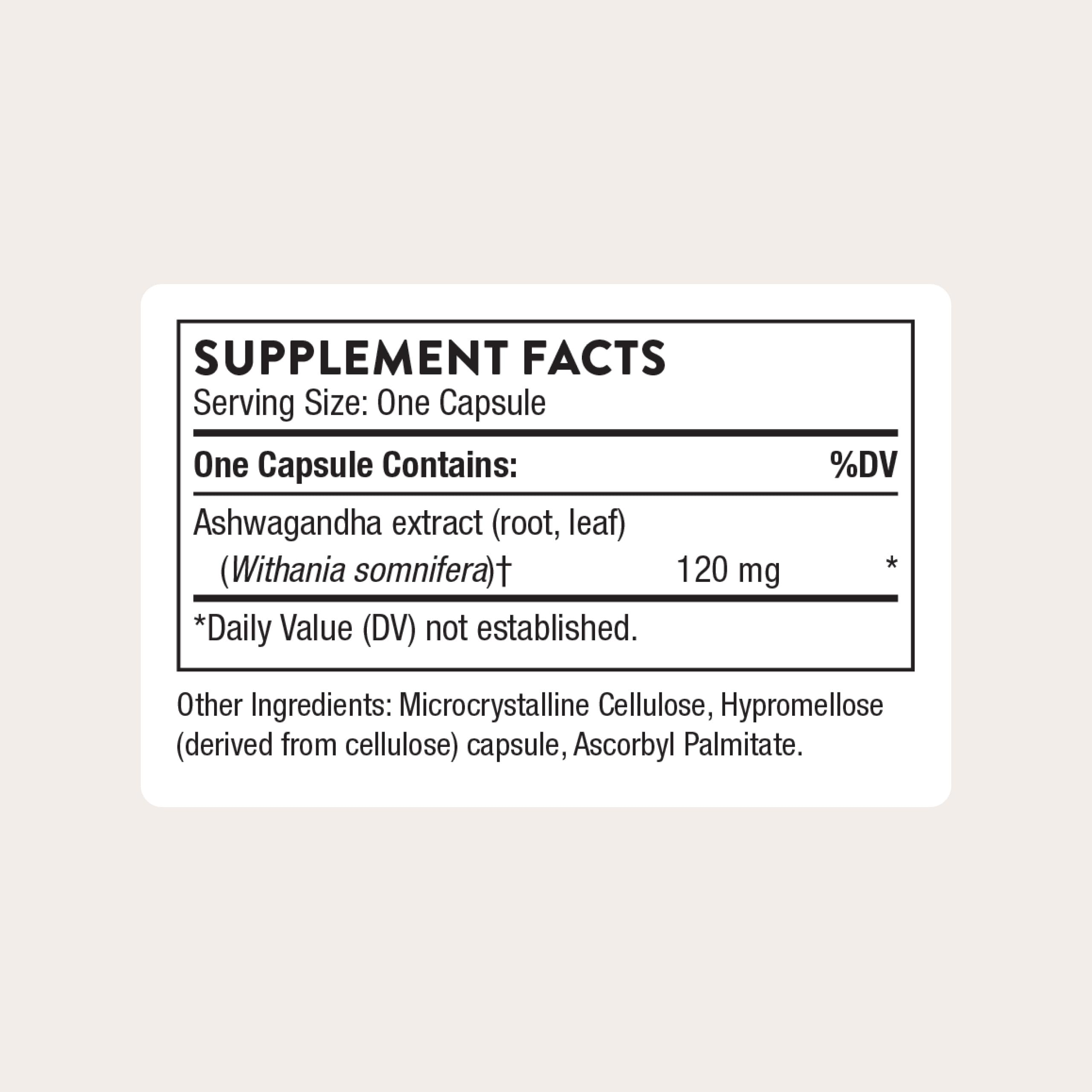 THORNE Ashwagandha: capsules au premier plan, équilibre quotidien potentiel.