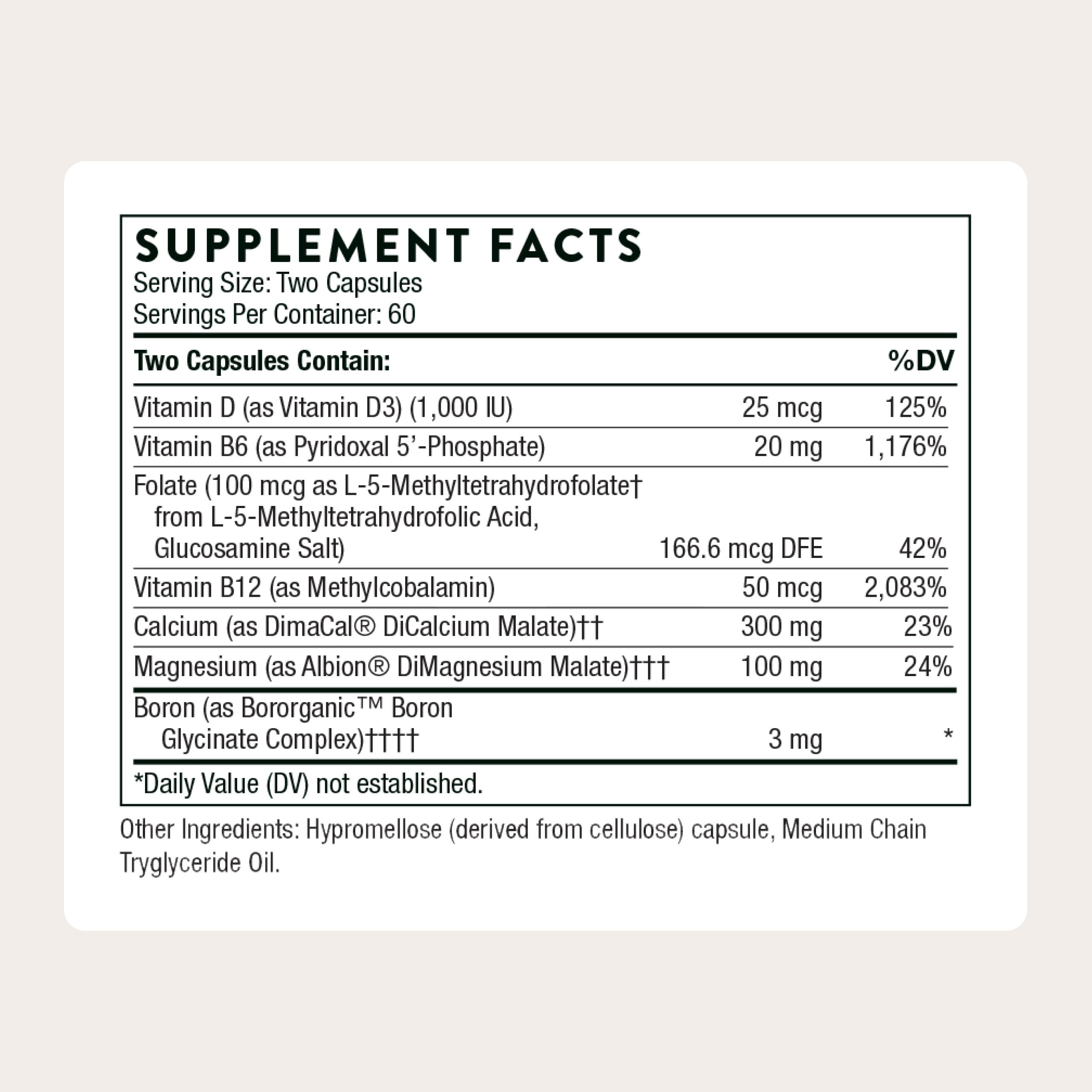 Capsules Thorne Avancé Soutien Os dans leur boîte, pratique à emporter.
